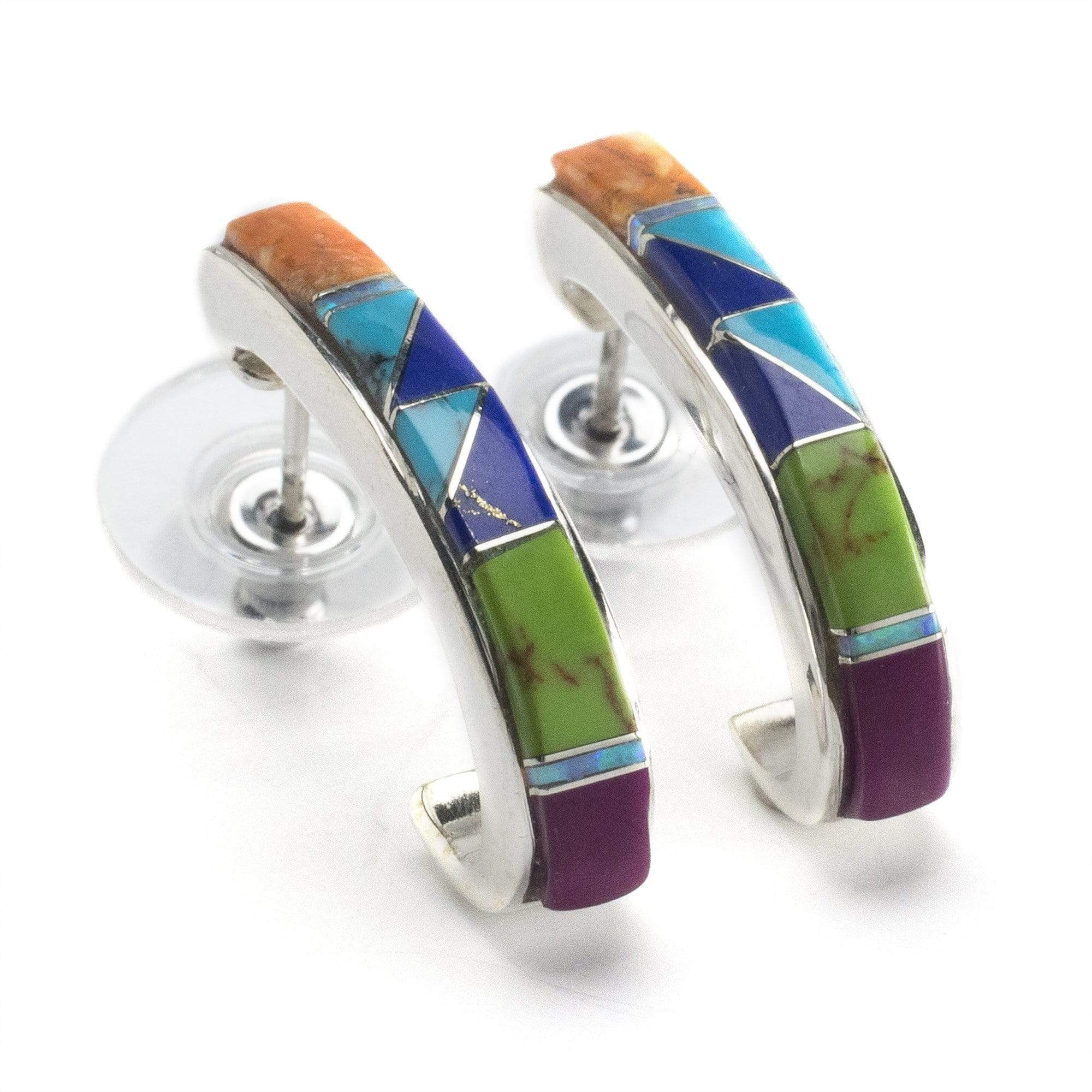 Kalifano Southwest Silver Jewelry Multi Gemstone Semi Hoop 925 Sterling Silver Earring with Stud Backing USA Handmade with Opal Accent NME.0616.MT