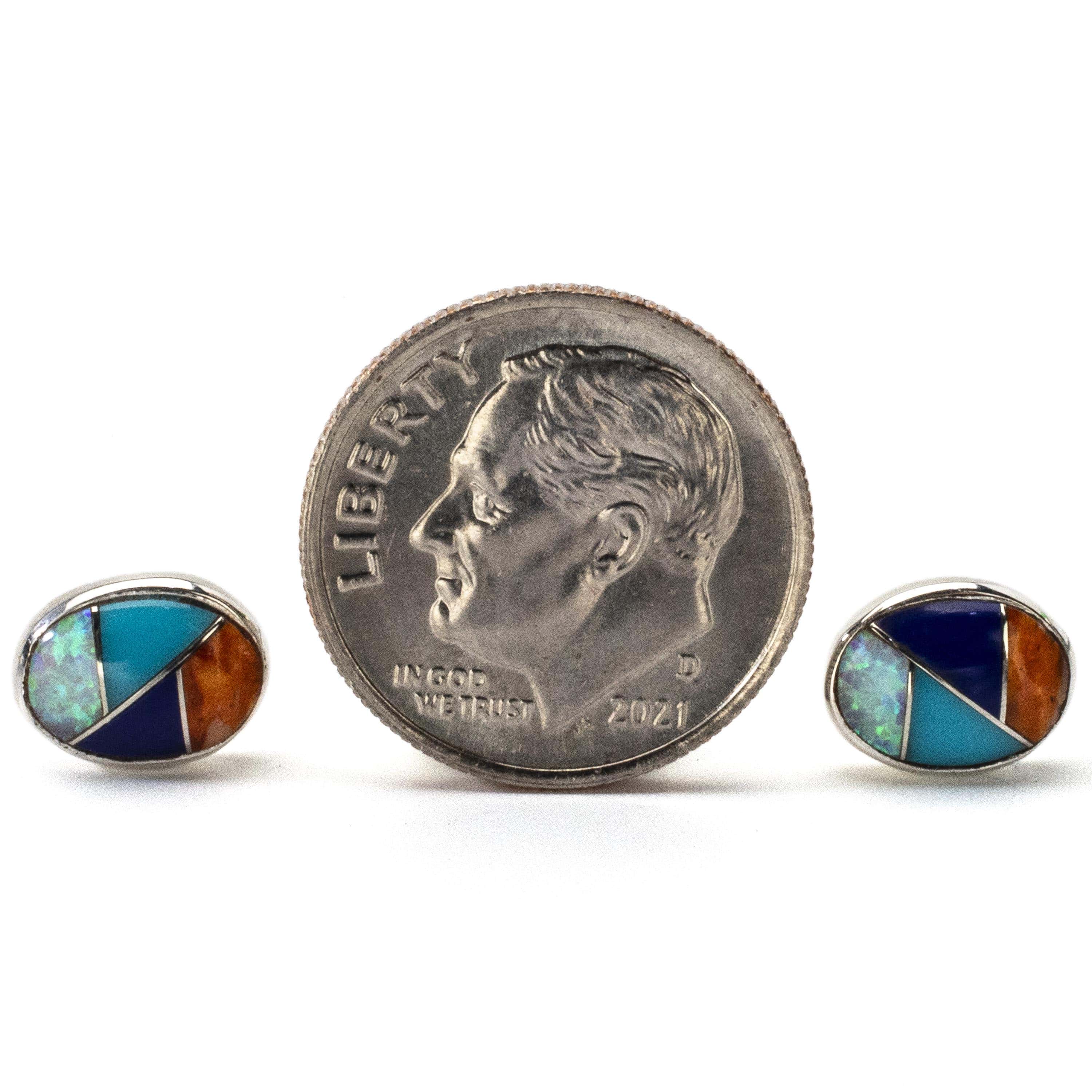 Kalifano Southwest Silver Jewelry Multi Gemstone Shell Oval Earrings Handmade with Sterling Silver and Opal Accent NME.2306.MT