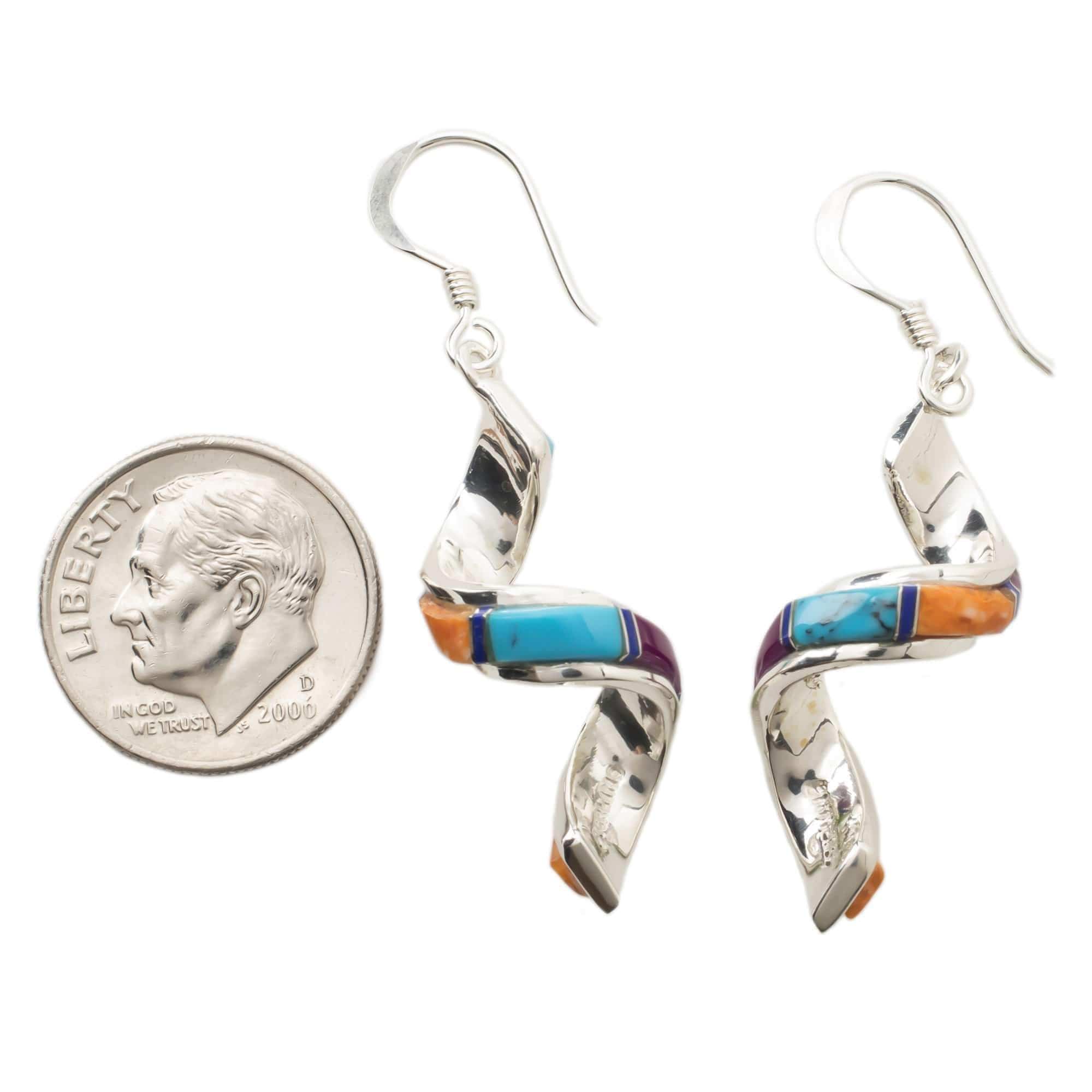 Kalifano Southwest Silver Jewelry Multi Gemstone Spiral 925 Sterling Silver Earring with French Hook USA Handmade NME.0633.MT