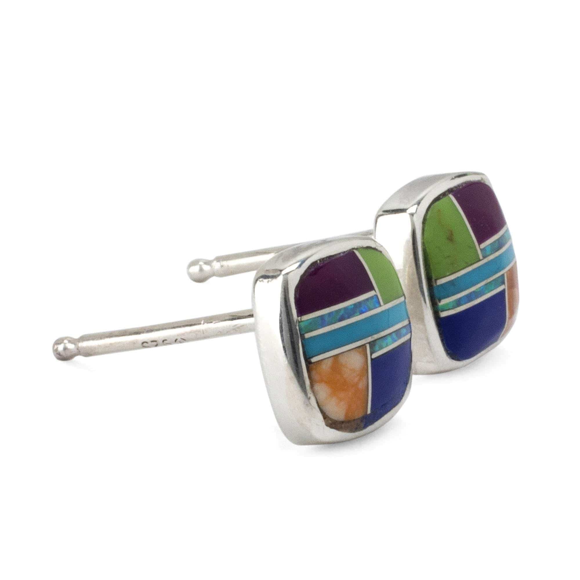 Kalifano Southwest Silver Jewelry Multi Gemstone Square 925 Sterling Silver Earring with Stud Backing USA Handmade with Opal Accent NME.2241.MT