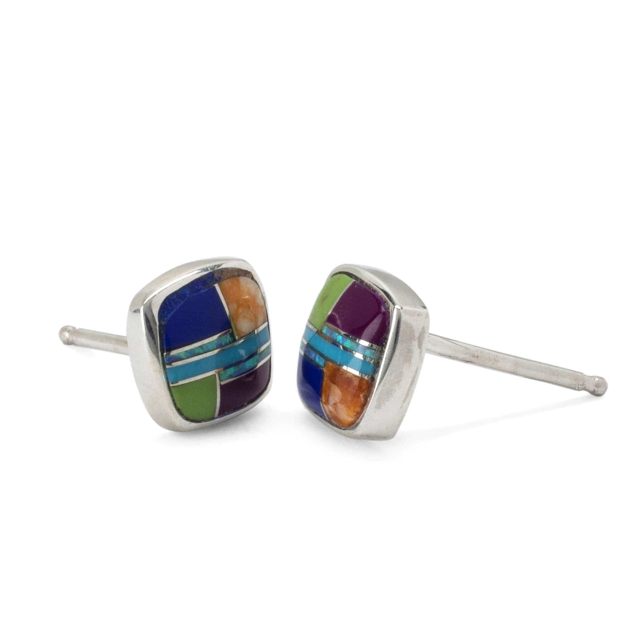 Kalifano Southwest Silver Jewelry Multi Gemstone Square 925 Sterling Silver Earring with Stud Backing USA Handmade with Opal Accent NME.2241.MT