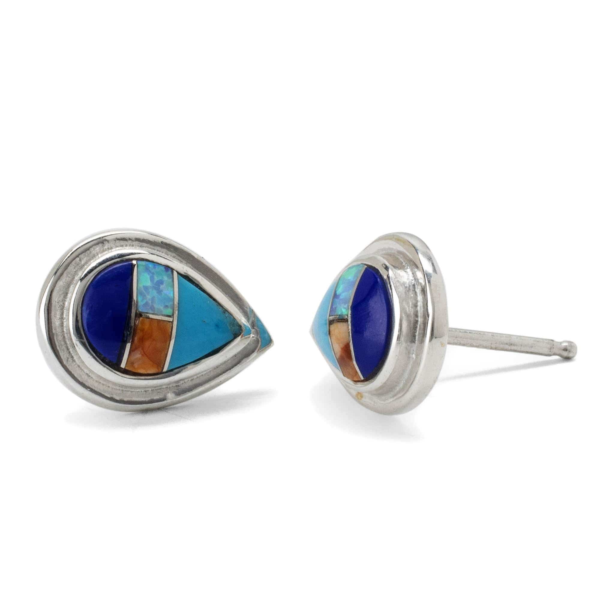 Kalifano Southwest Silver Jewelry Multi Gemstone Teardrop 925 Sterling Silver Earring with Stud Backing USA Handmade with Opal Accent NME.0386.MT