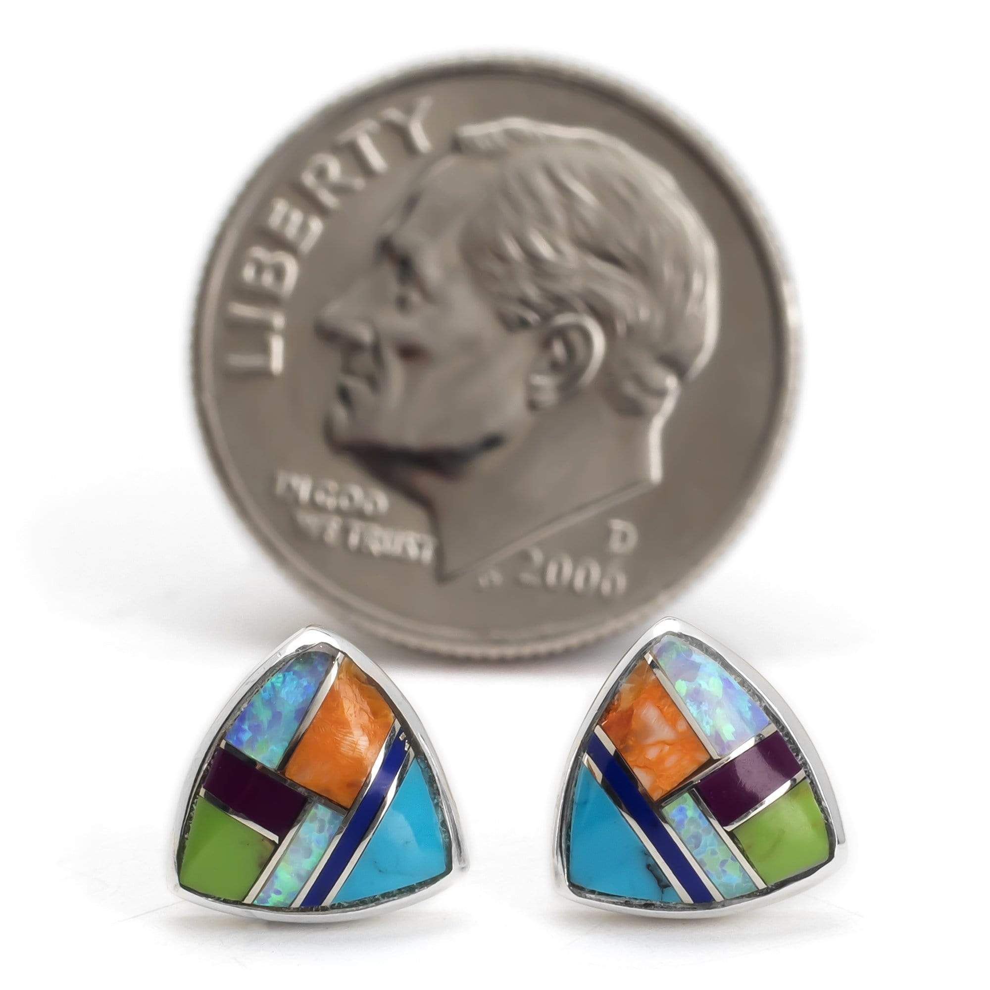 Kalifano Southwest Silver Jewelry Multi Gemstone Triangle 925 Sterling Silver Earring with Stud Backing USA Handmade with Aqua Opal Accent NME.2242.MT