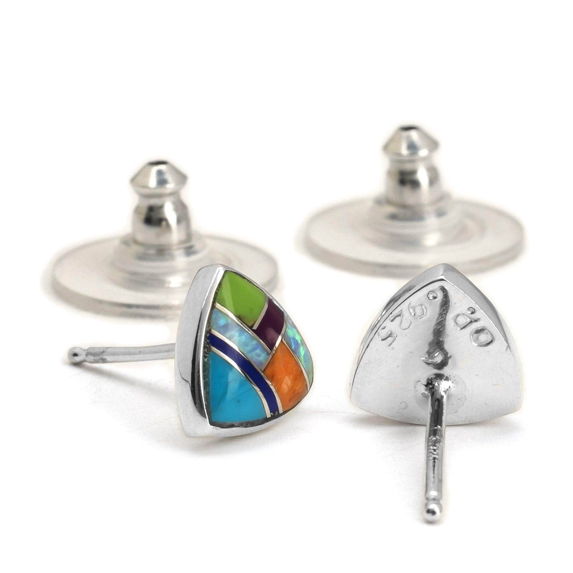 Kalifano Southwest Silver Jewelry Multi Gemstone Triangle 925 Sterling Silver Earring with Stud Backing USA Handmade with Aqua Opal Accent NME.2242.MT