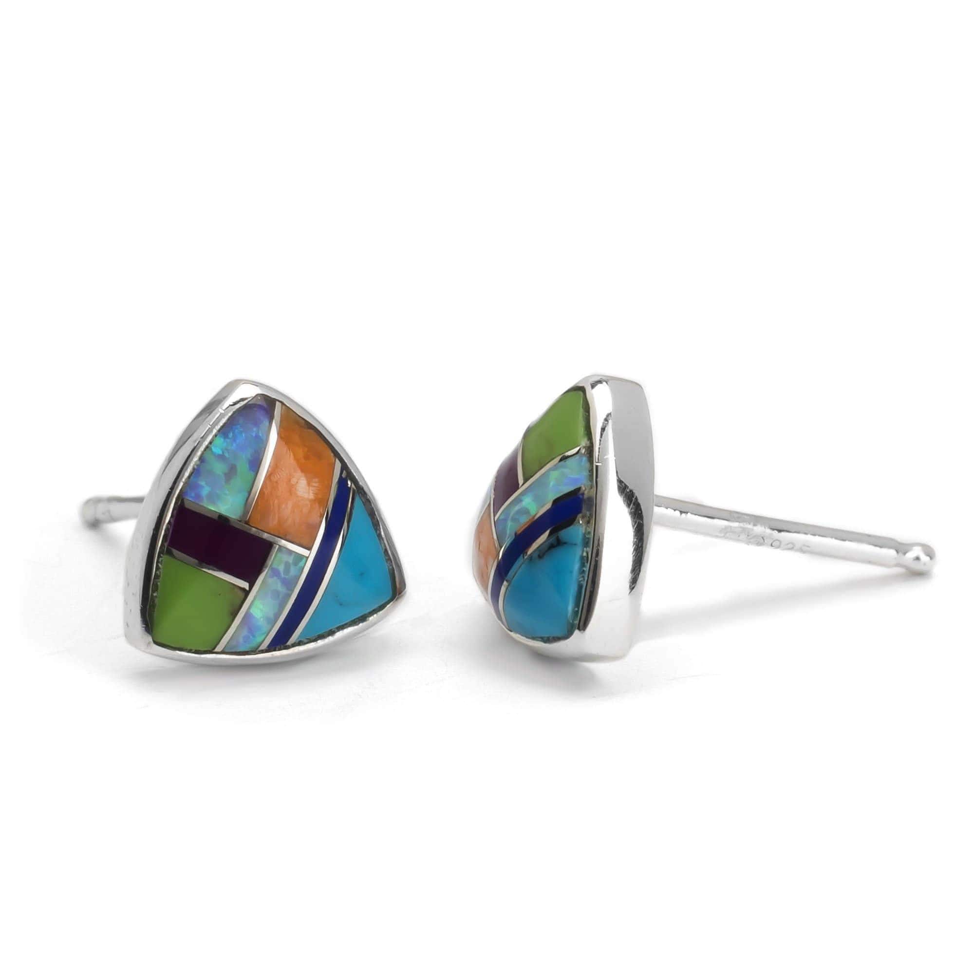 Kalifano Southwest Silver Jewelry Multi Gemstone Triangle 925 Sterling Silver Earring with Stud Backing USA Handmade with Aqua Opal Accent NME.2242.MT