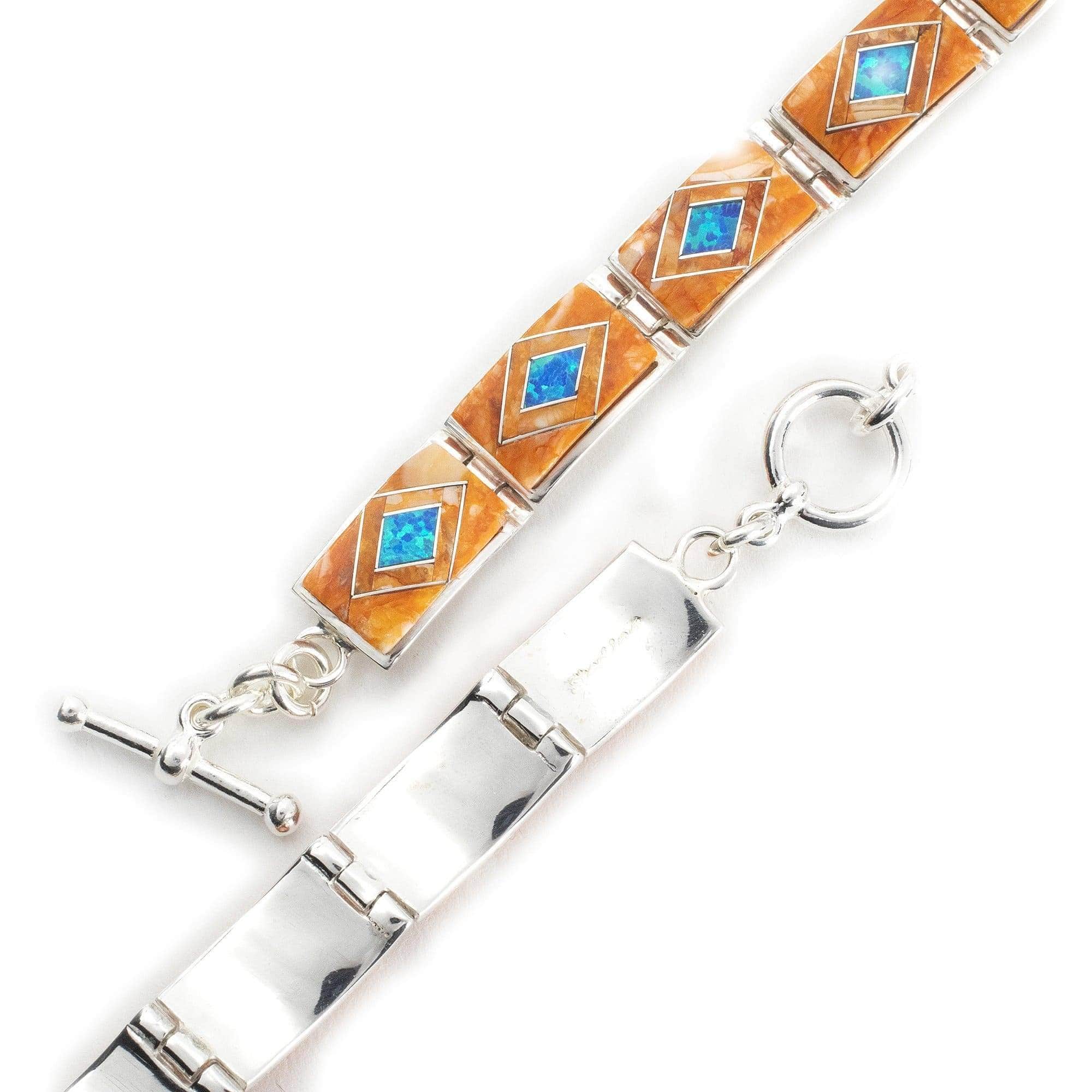 Kalifano Southwest Silver Jewelry Spiny Oyster Shell 925 Sterling Silver Bracelet USA Handmade with Opal Accent NMB.0553.SP