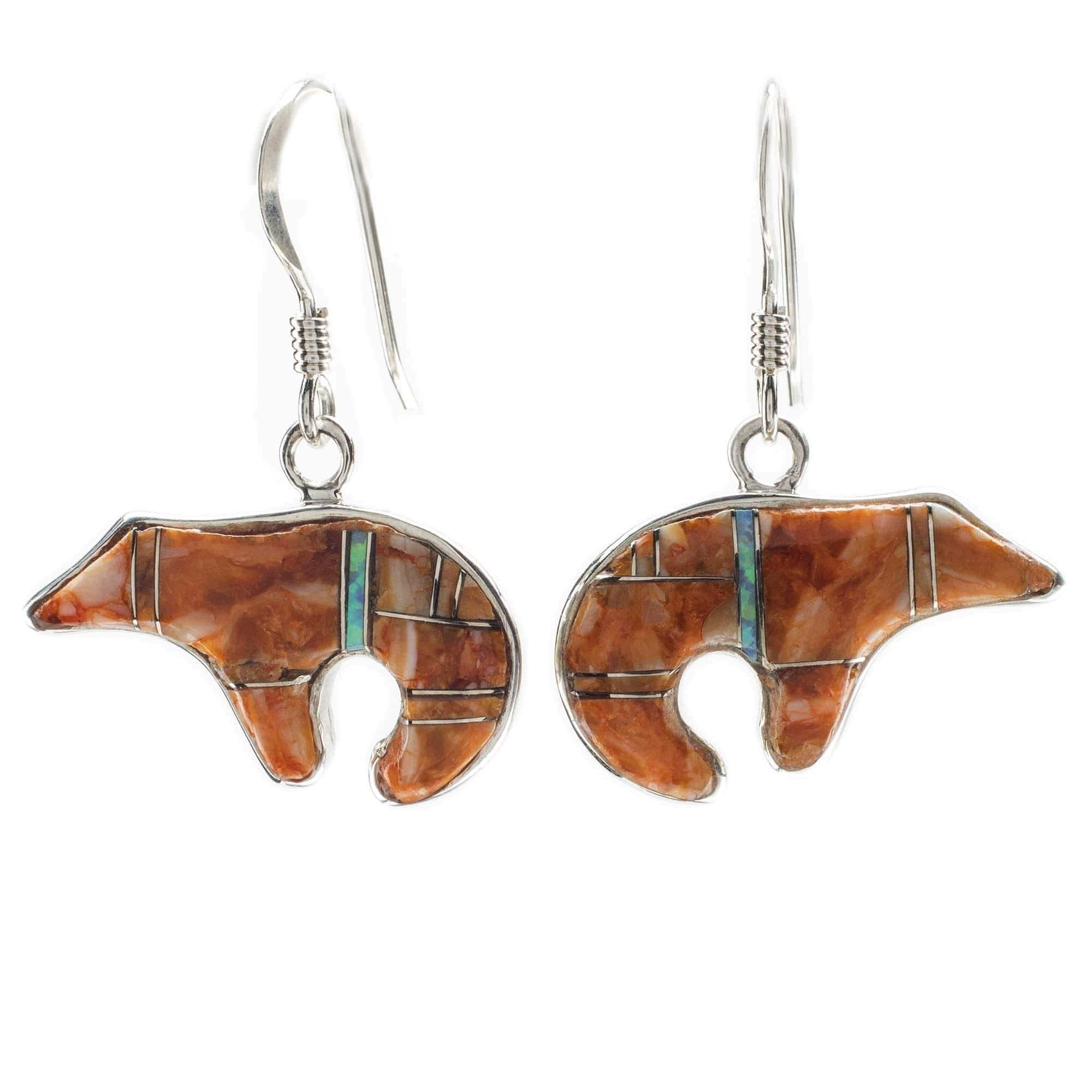 Kalifano Southwest Silver Jewelry Spiny Oyster Shell Bear 925 Sterling Silver Earring with French Hook USA Handmade with Opal Accent NME.0471.SP