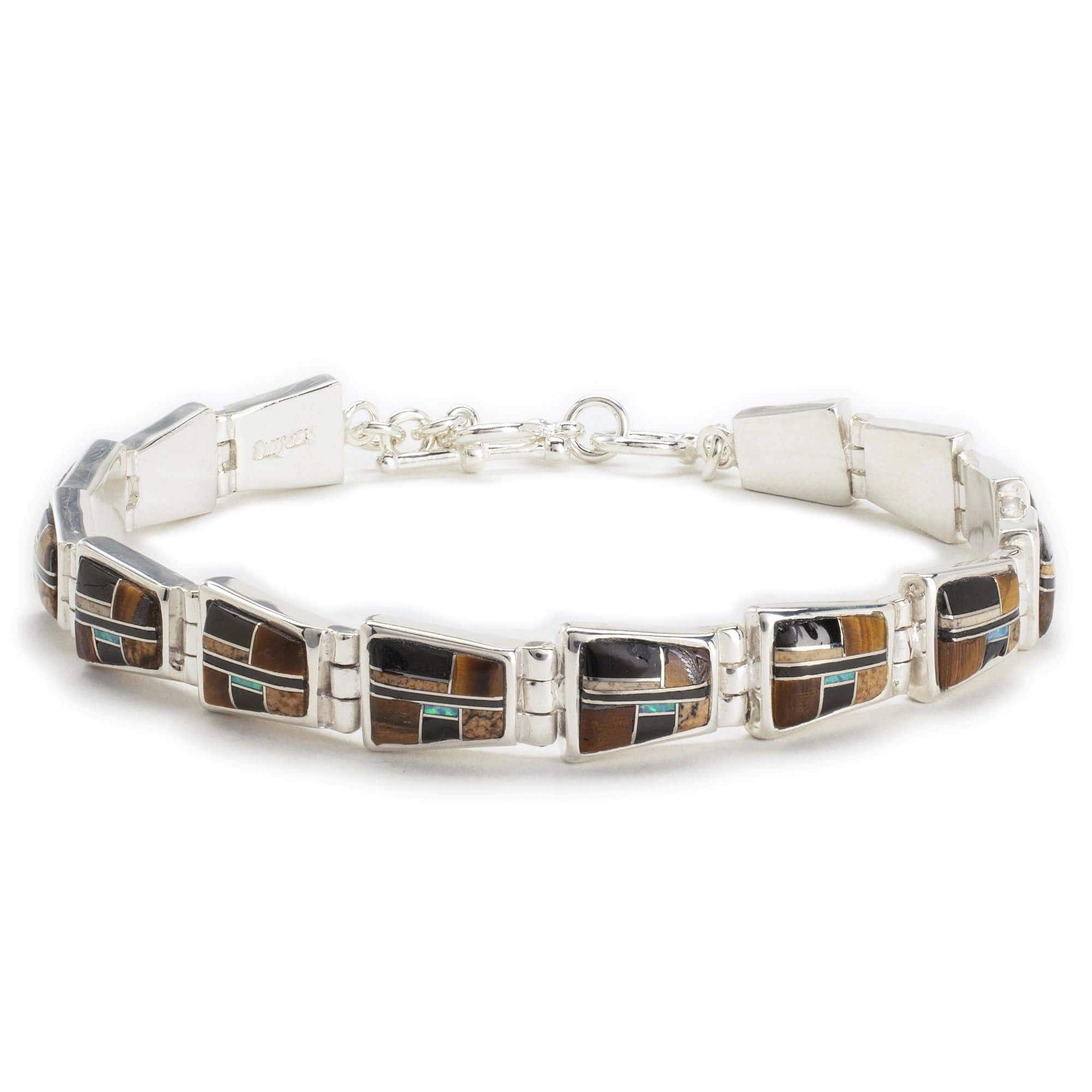 Kalifano Southwest Silver Jewelry Tiger Eye 925 Sterling Silver Bracelet USA Handmade with Picture Jasper and Opal Accent NMB.0240.TE