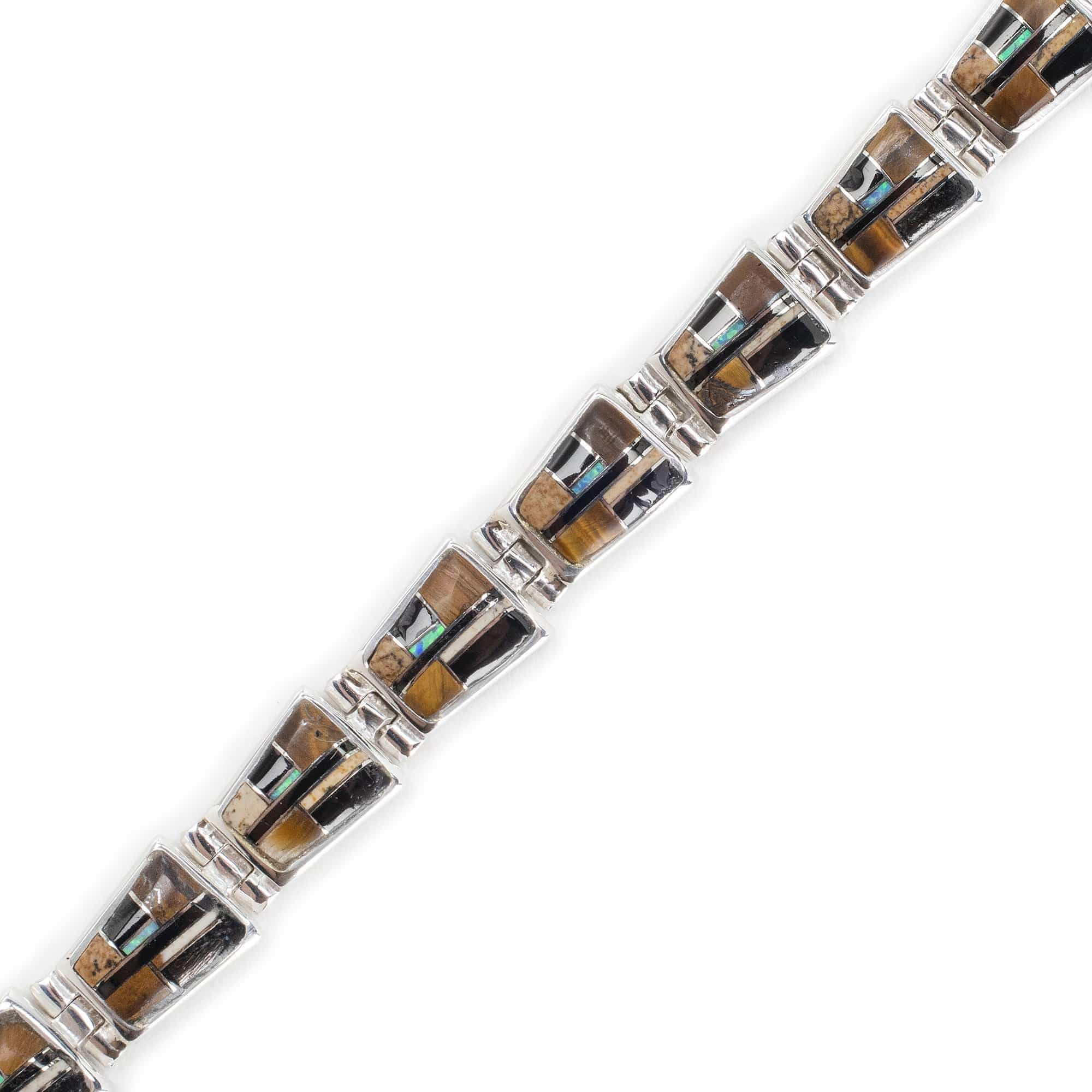 Kalifano Southwest Silver Jewelry Tiger Eye 925 Sterling Silver Bracelet USA Handmade with Picture Jasper and Opal Accent NMB.0240.TE