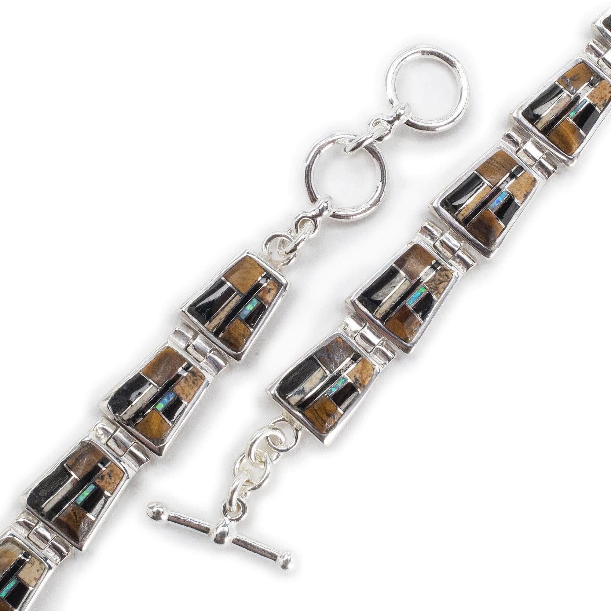 Kalifano Southwest Silver Jewelry Tiger Eye 925 Sterling Silver Bracelet USA Handmade with Picture Jasper and Opal Accent NMB.0240.TE