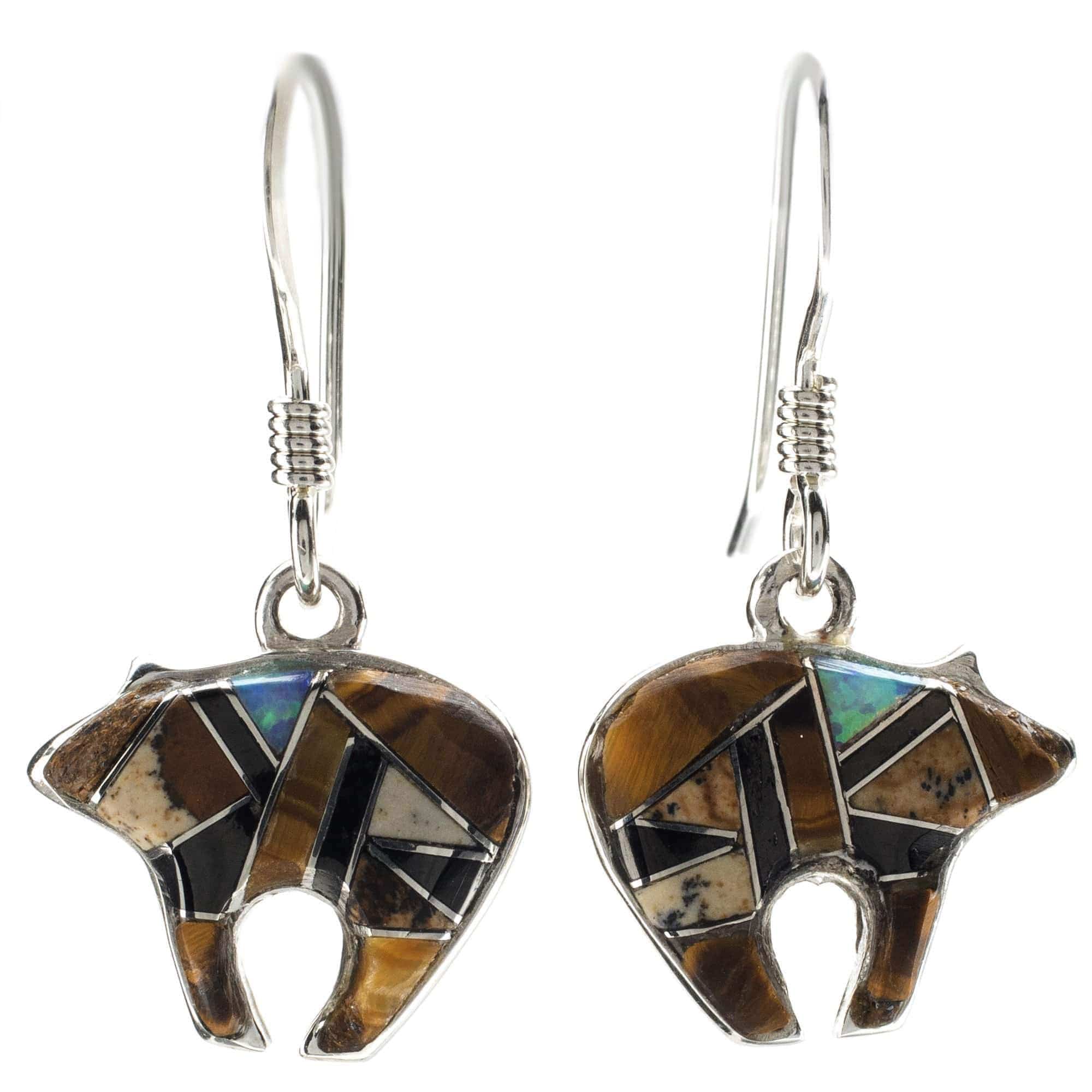 Kalifano Southwest Silver Jewelry Tiger Eye Bear 925 Sterling Silver Earring with French Hook USA Handmade with Aqua Opal Accent NME.2116.TE