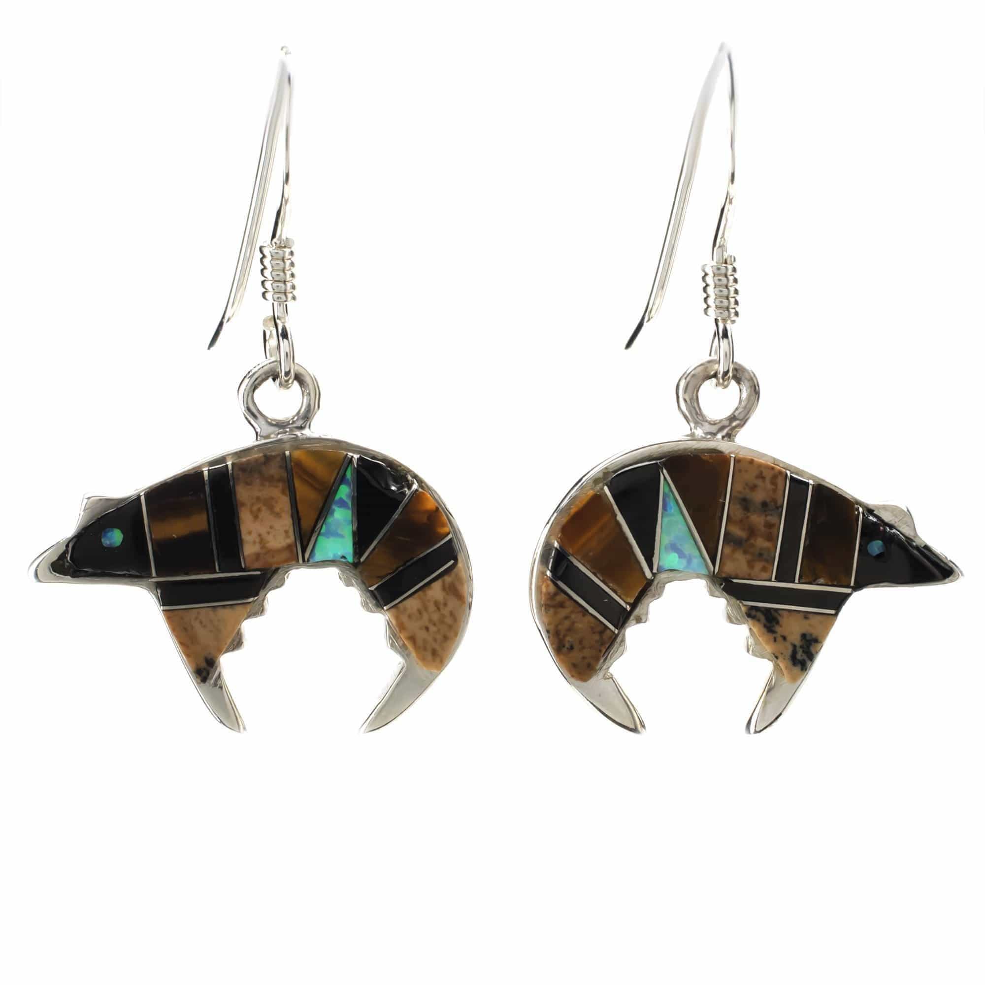 Kalifano Southwest Silver Jewelry Tiger Eye Bear 925 Sterling Silver Earring with French Hook USA Handmade with Black Onyx and Opal Accent NME.0755.TE