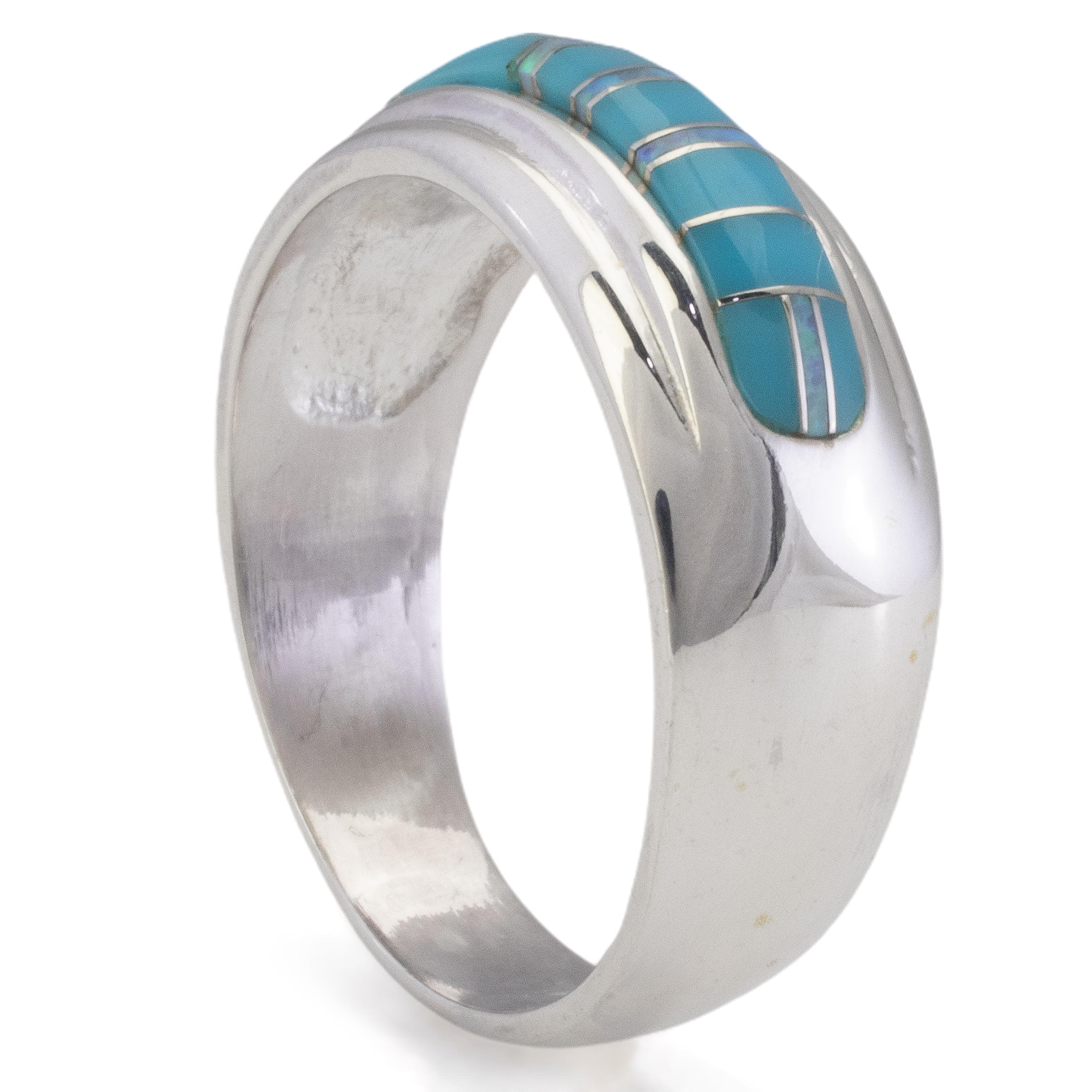 Kalifano Southwest Silver Jewelry Turquoise 925 Sterling Silver Ring Handmade with Laboratory Opal Accent