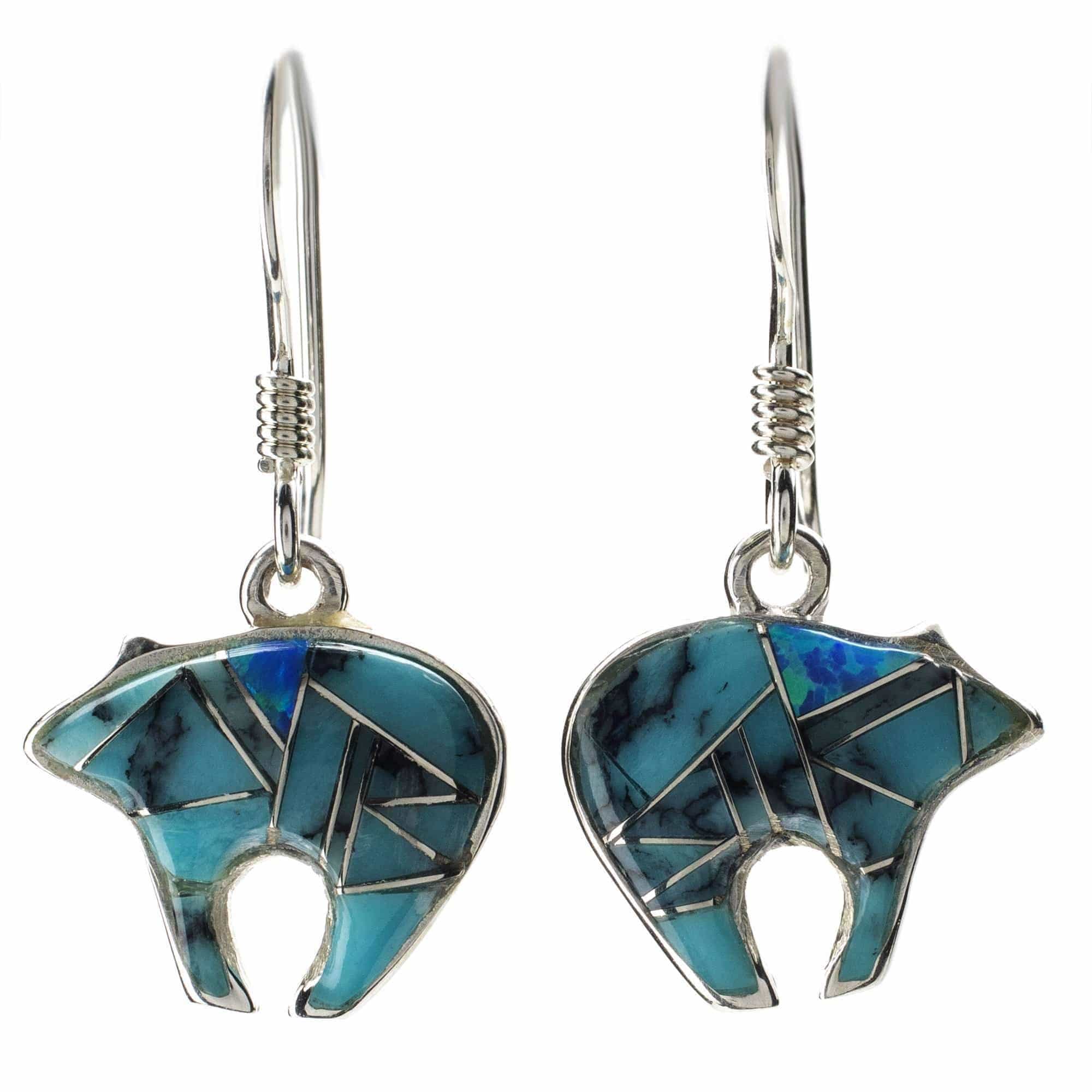 Kalifano Southwest Silver Jewelry Turquoise Bear 925 Sterling Silver Earring with French Hook USA Handmade with Aqua Opal Accent NME.2116.TQ