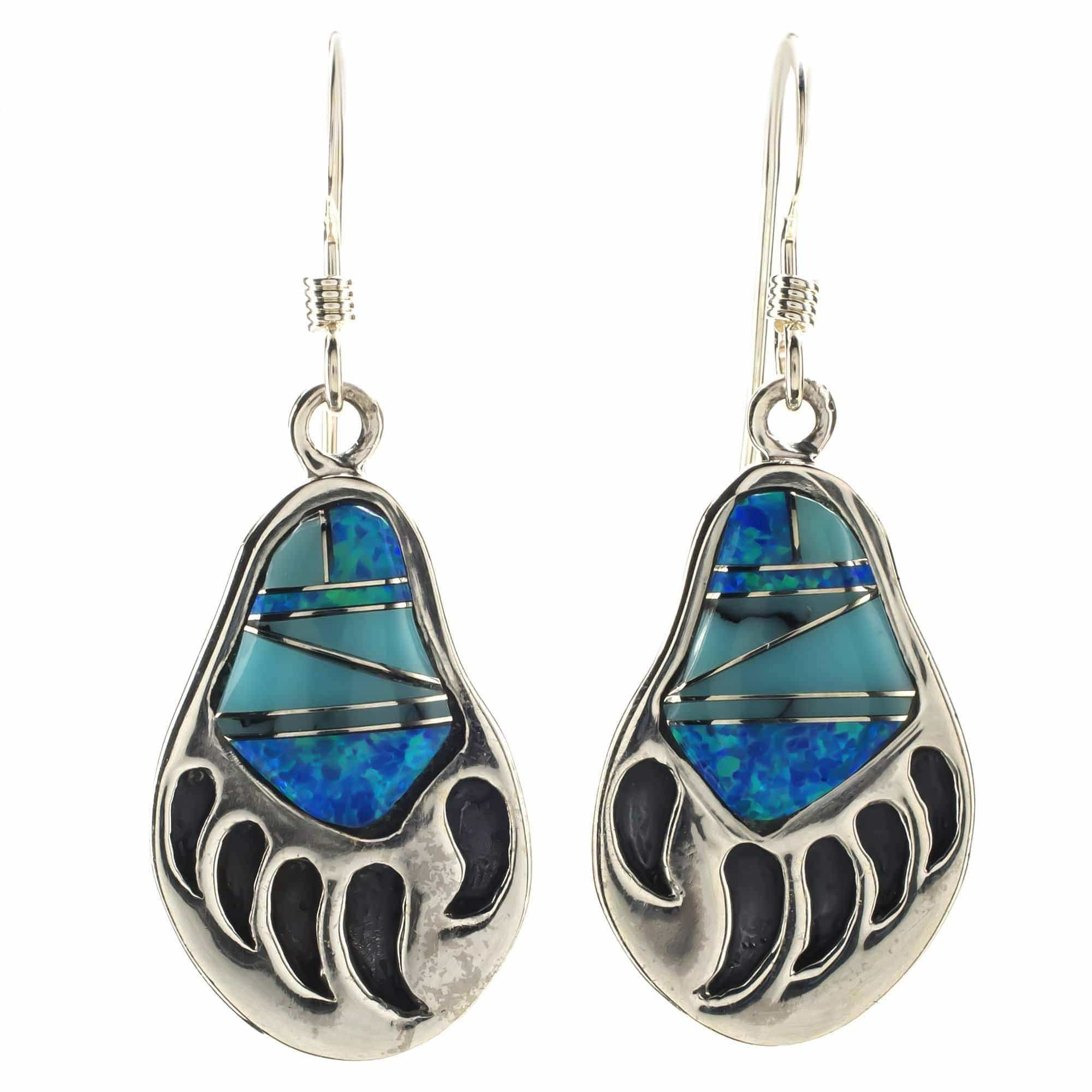 Kalifano Southwest Silver Jewelry Turquoise Bear Claw 925 Sterling Silver Earring with French Hook USA USA Handmade with Aqua Opal Accent NME.2318.TQ