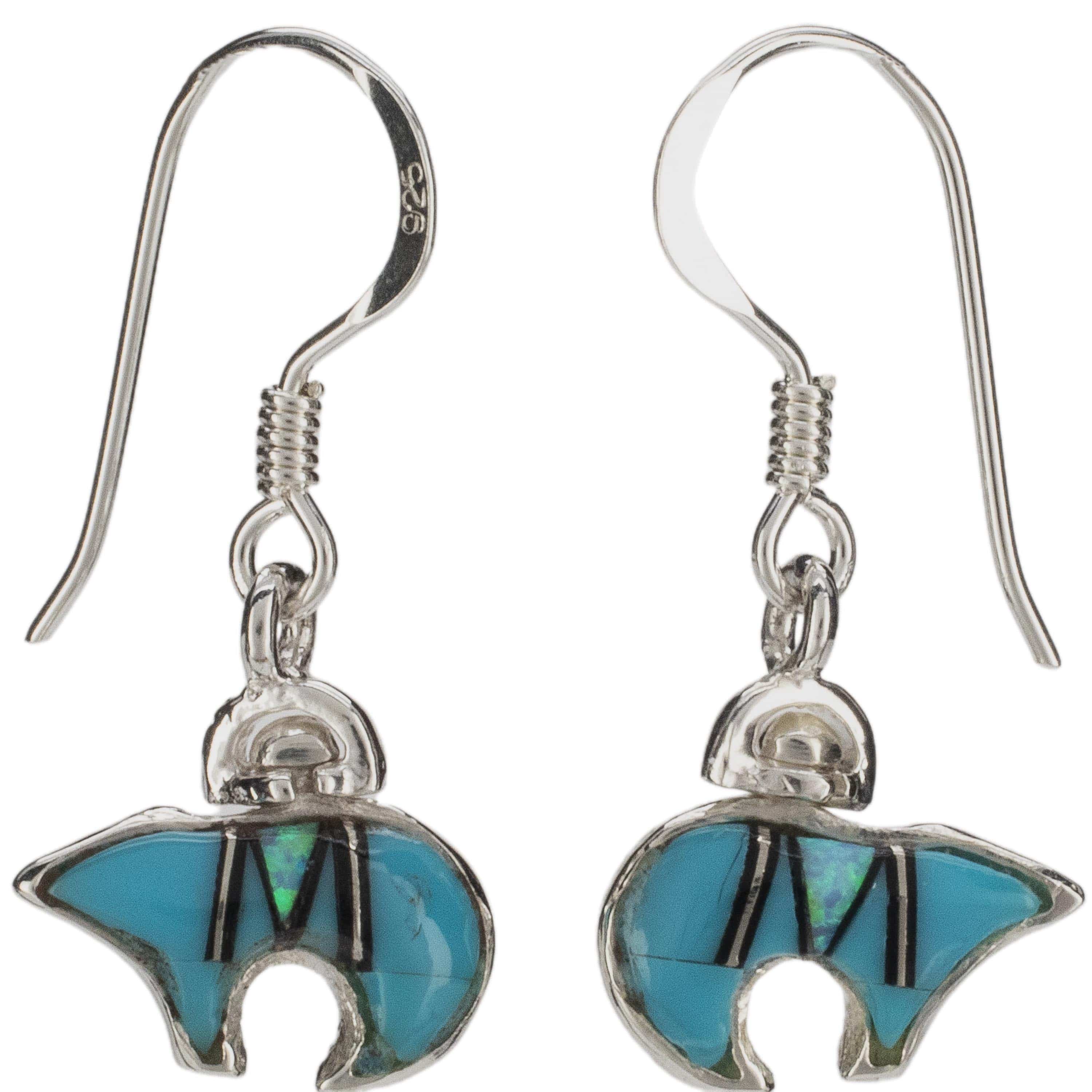 Kalifano Southwest Silver Jewelry Turquoise Bear Earrings Handmade with Sterling Silver and Opal Accent NME.1129.TQ