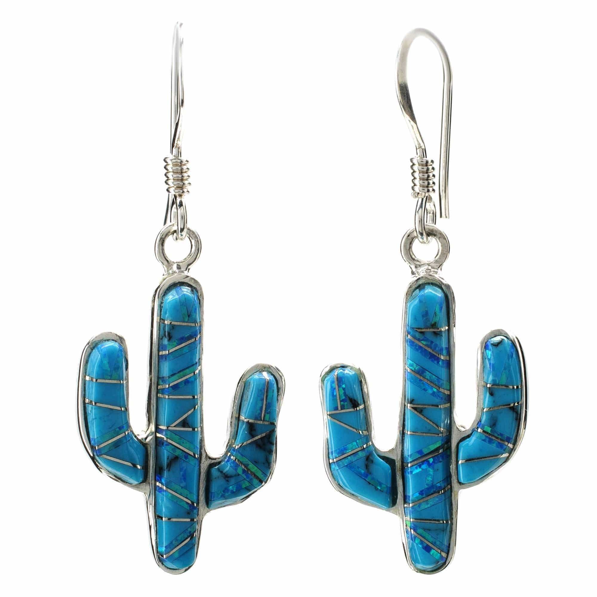 Kalifano Southwest Silver Jewelry Turquoise Cactus 925 Sterling Silver Earring with French Hook USA Handmade with Aqua Opal Accent NME.0602.TQ