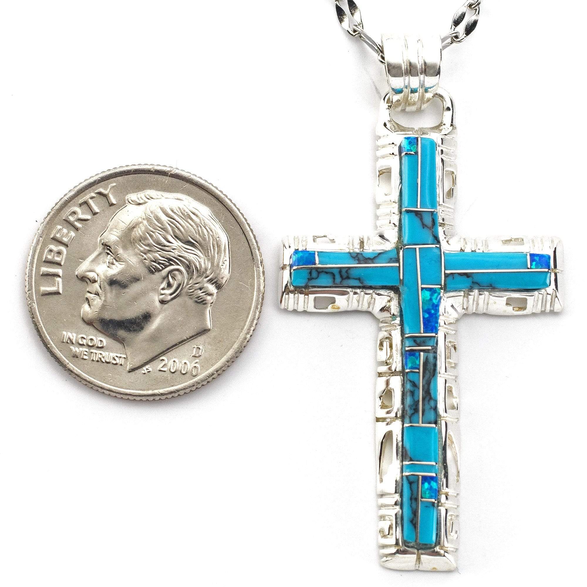 Kalifano Southwest Silver Jewelry Turquoise Cross 925 Sterling Silver Pendant USA Handmade with Opal Accent NMN.0587.TQ