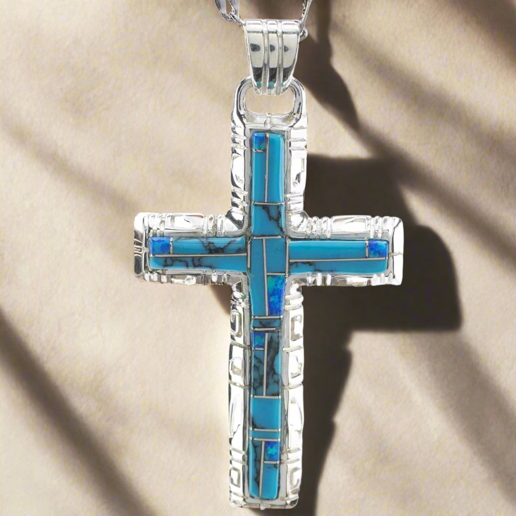 Kalifano Southwest Silver Jewelry Turquoise Cross 925 Sterling Silver Pendant USA Handmade with Opal Accent NMN.0587.TQ