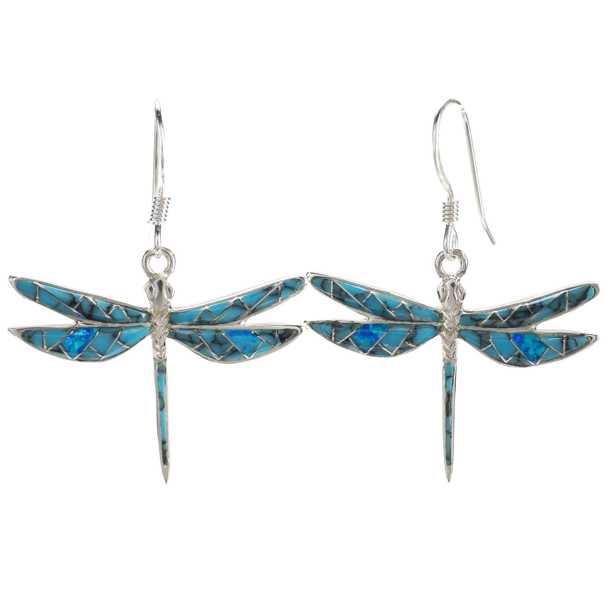 Kalifano Southwest Silver Jewelry Turquoise Dragonfly 925 Sterling Silver Earring with French Hook USA Handmade with Opal Accent NME.2296S.TQ