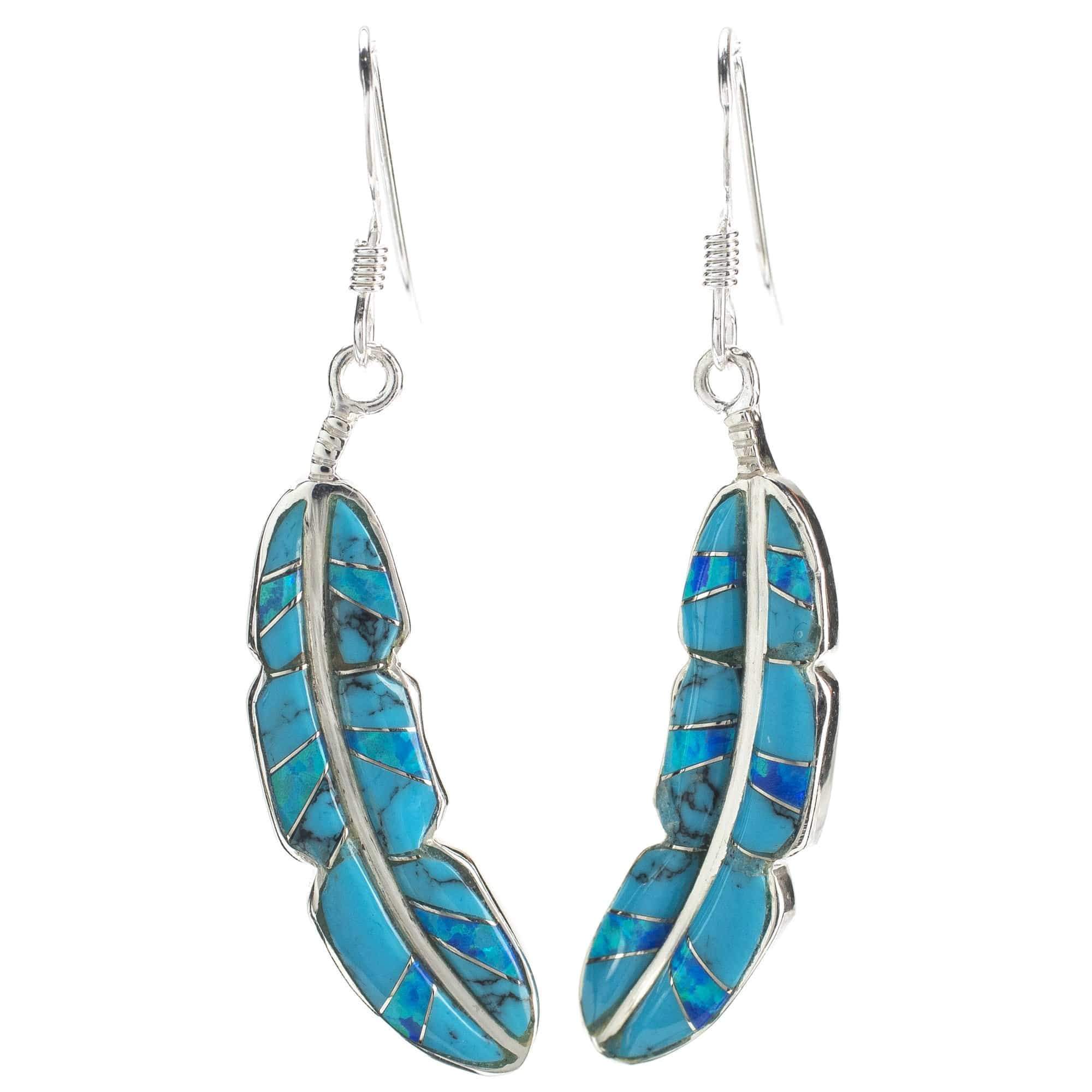 Kalifano Southwest Silver Jewelry Turquoise Feather 925 Sterling Silver Earring with French Hook USA Handmade with Aqua Opal Accent NME.2312.TQ