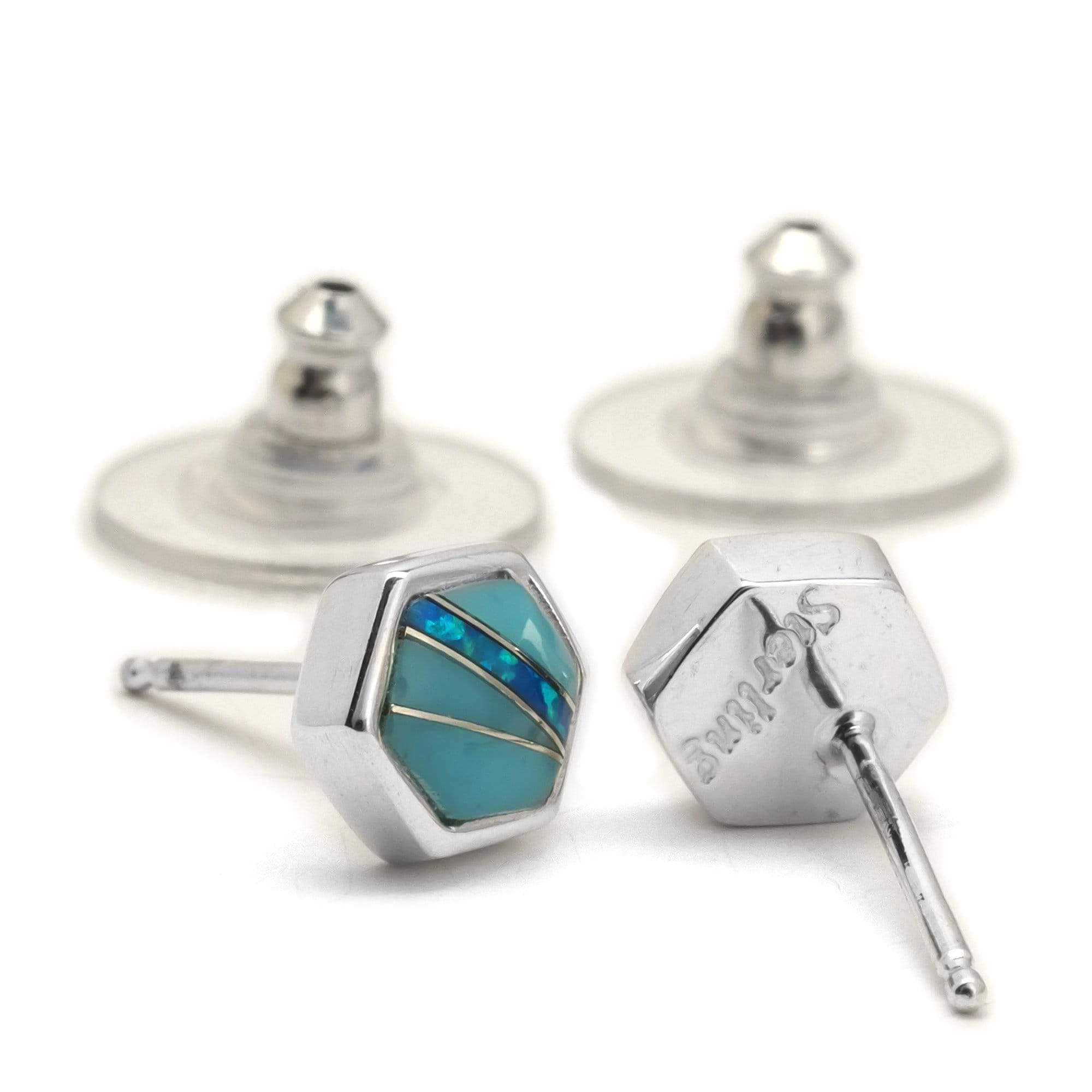 Kalifano Southwest Silver Jewelry Turquoise Hexagon 925 Sterling Silver Earring with Stud Backing USA Handmade with Opal Accent NME.0645.TQ