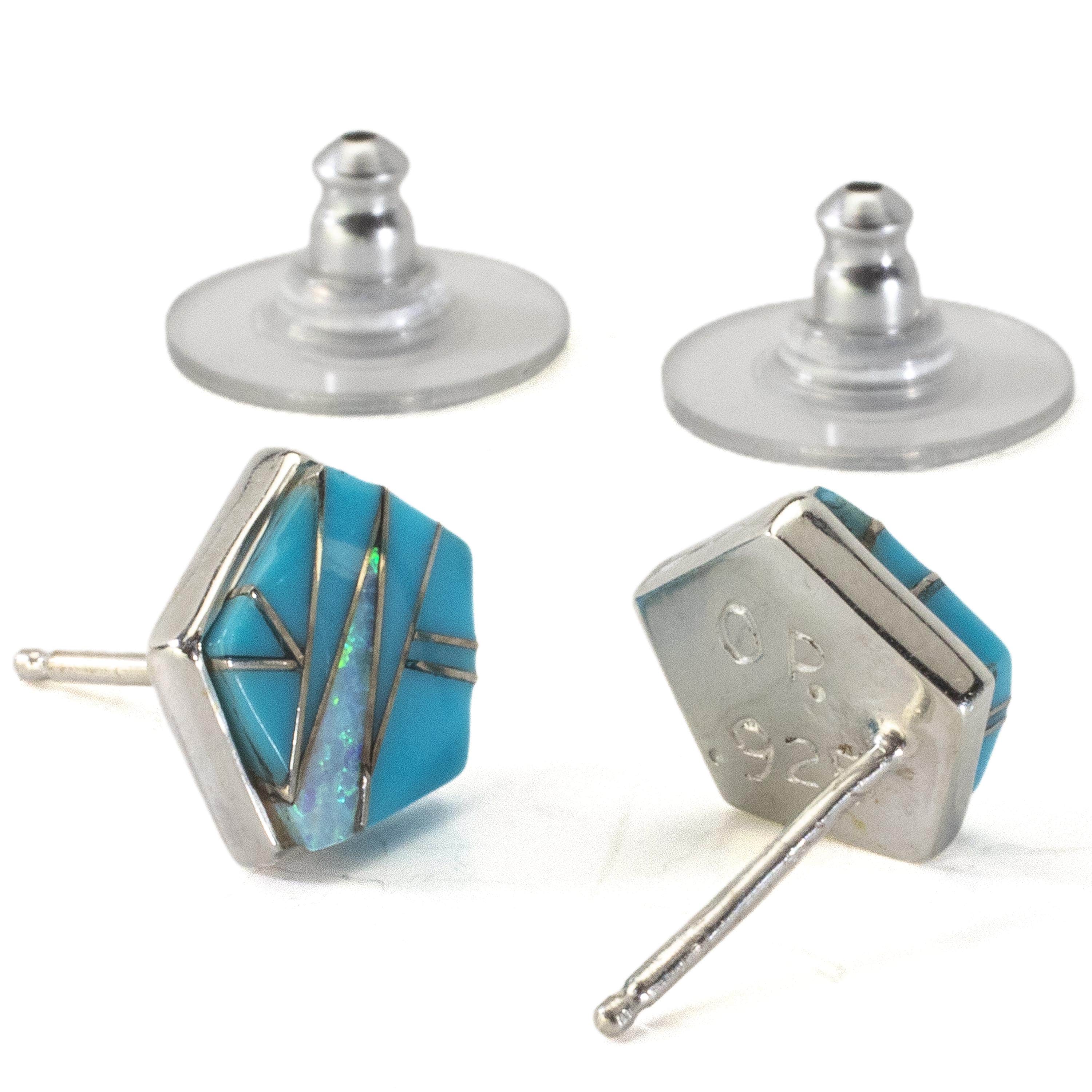 KALIFANO Southwest Silver Jewelry Turquoise Pentagon Earrings Handmade with Sterling Silver and Opal Accent NME.2270.TQ