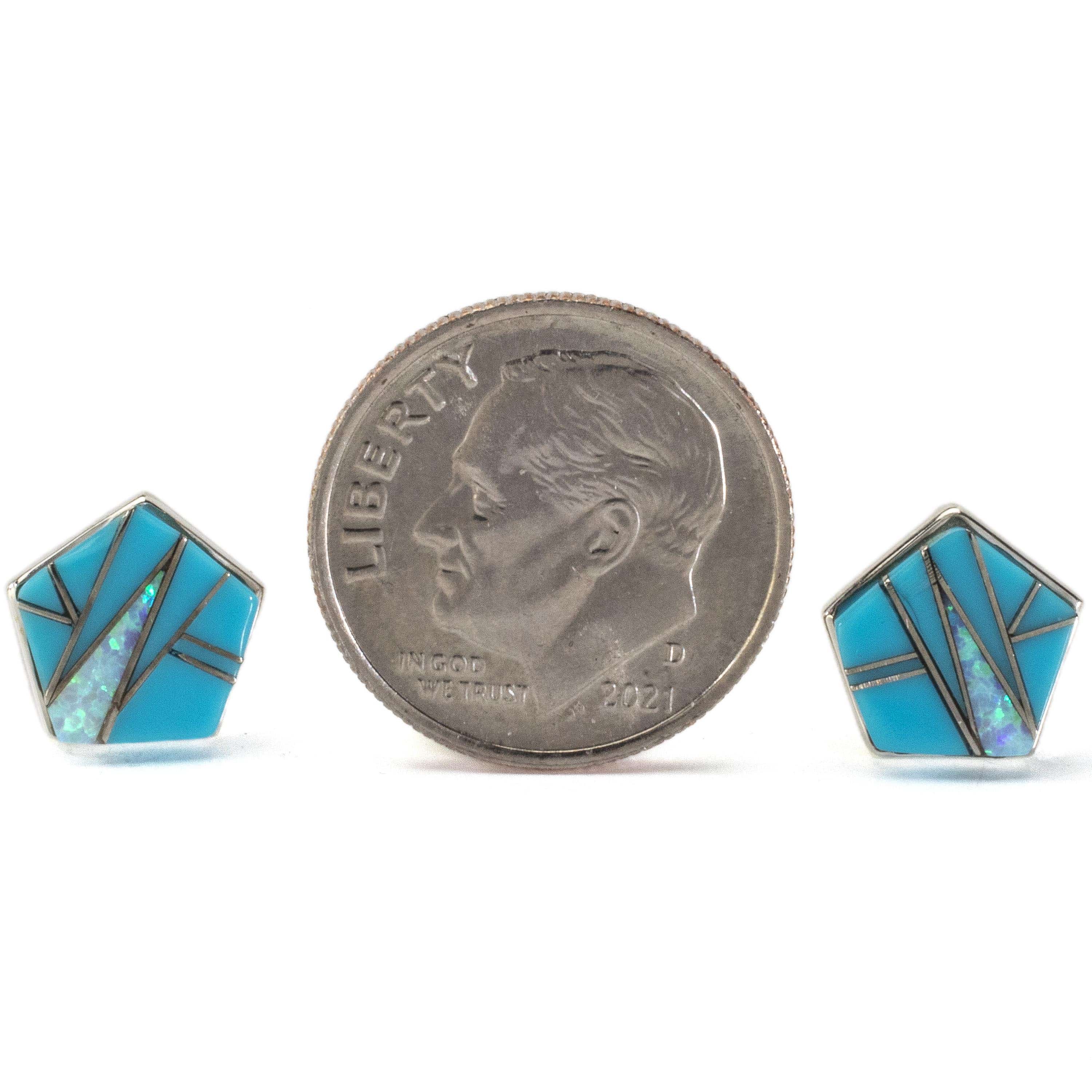KALIFANO Southwest Silver Jewelry Turquoise Pentagon Earrings Handmade with Sterling Silver and Opal Accent NME.2270.TQ