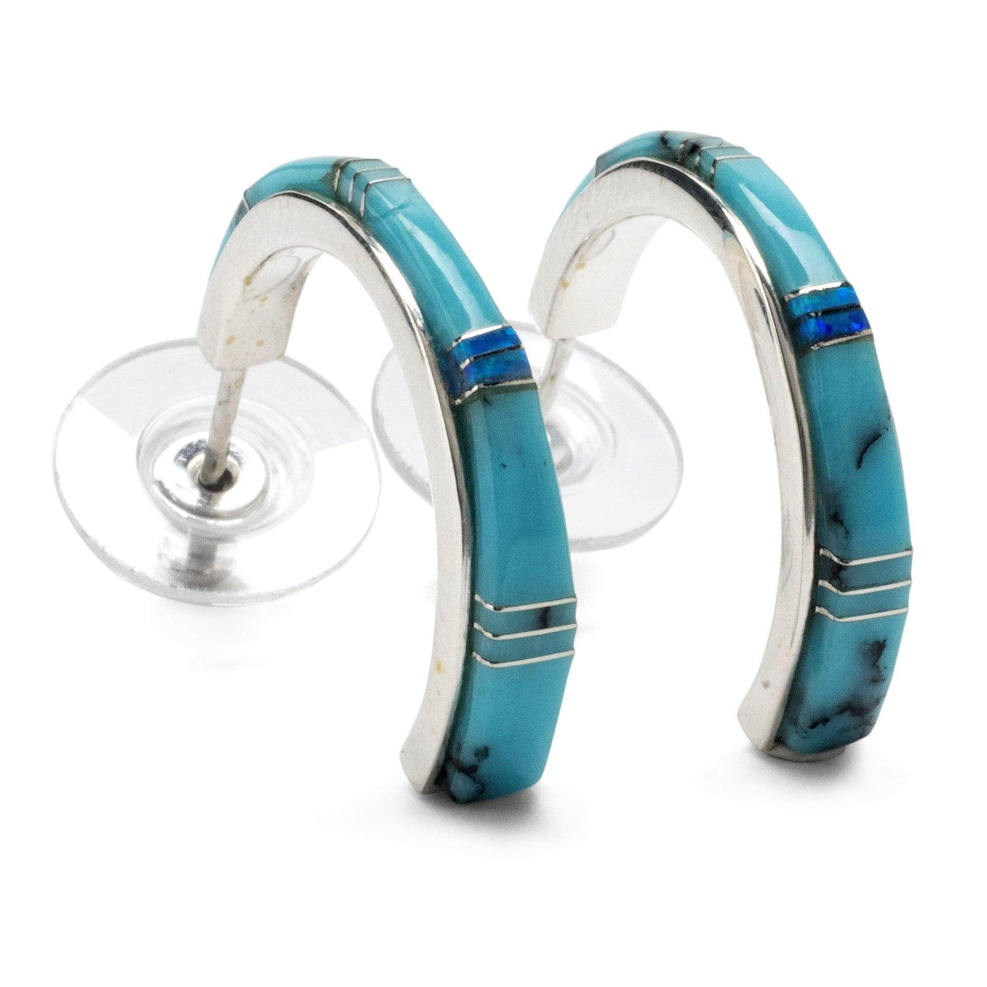Kalifano Southwest Silver Jewelry Turquoise Semi Hoop 925 Sterling Silver Earring USA Handmade with Opal Accent NME.0634.TQ