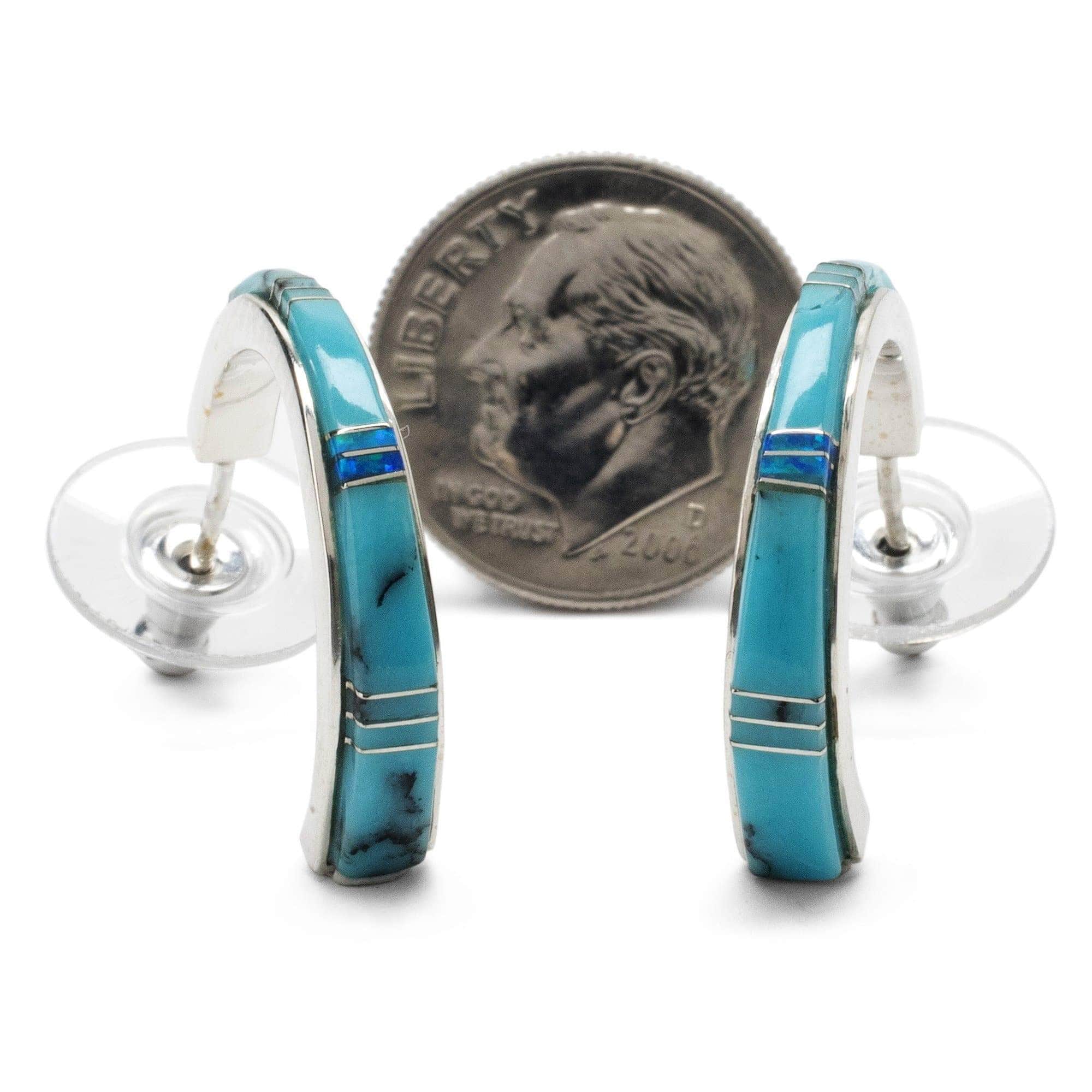 Kalifano Southwest Silver Jewelry Turquoise Semi Hoop 925 Sterling Silver Earring USA Handmade with Opal Accent NME.0634.TQ