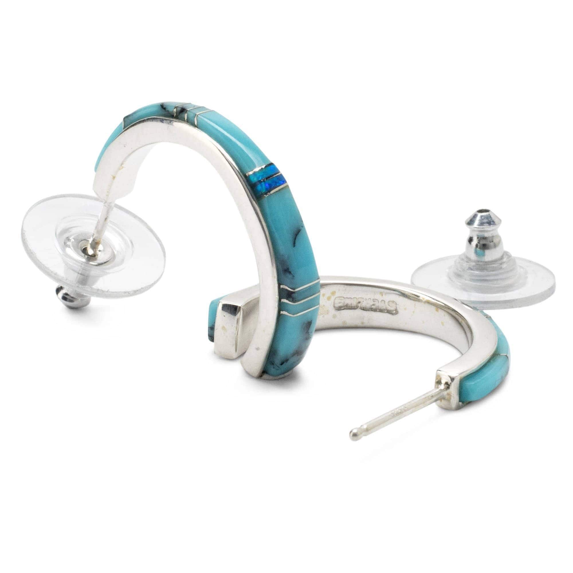 Kalifano Southwest Silver Jewelry Turquoise Semi Hoop 925 Sterling Silver Earring USA Handmade with Opal Accent NME.0634.TQ