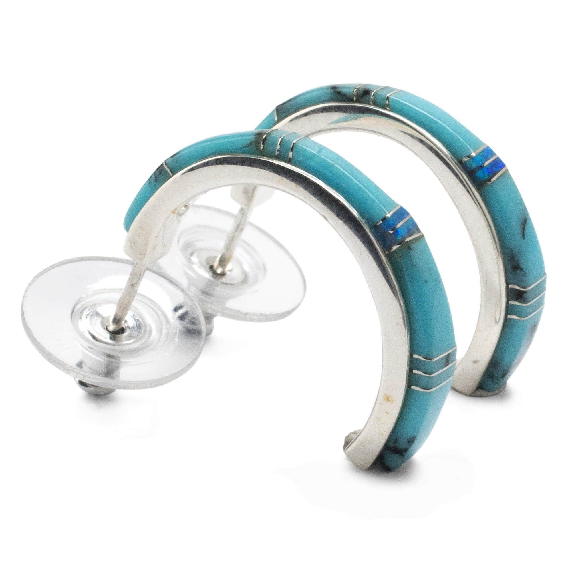 Kalifano Southwest Silver Jewelry Turquoise Semi Hoop 925 Sterling Silver Earring USA Handmade with Opal Accent NME.0634.TQ