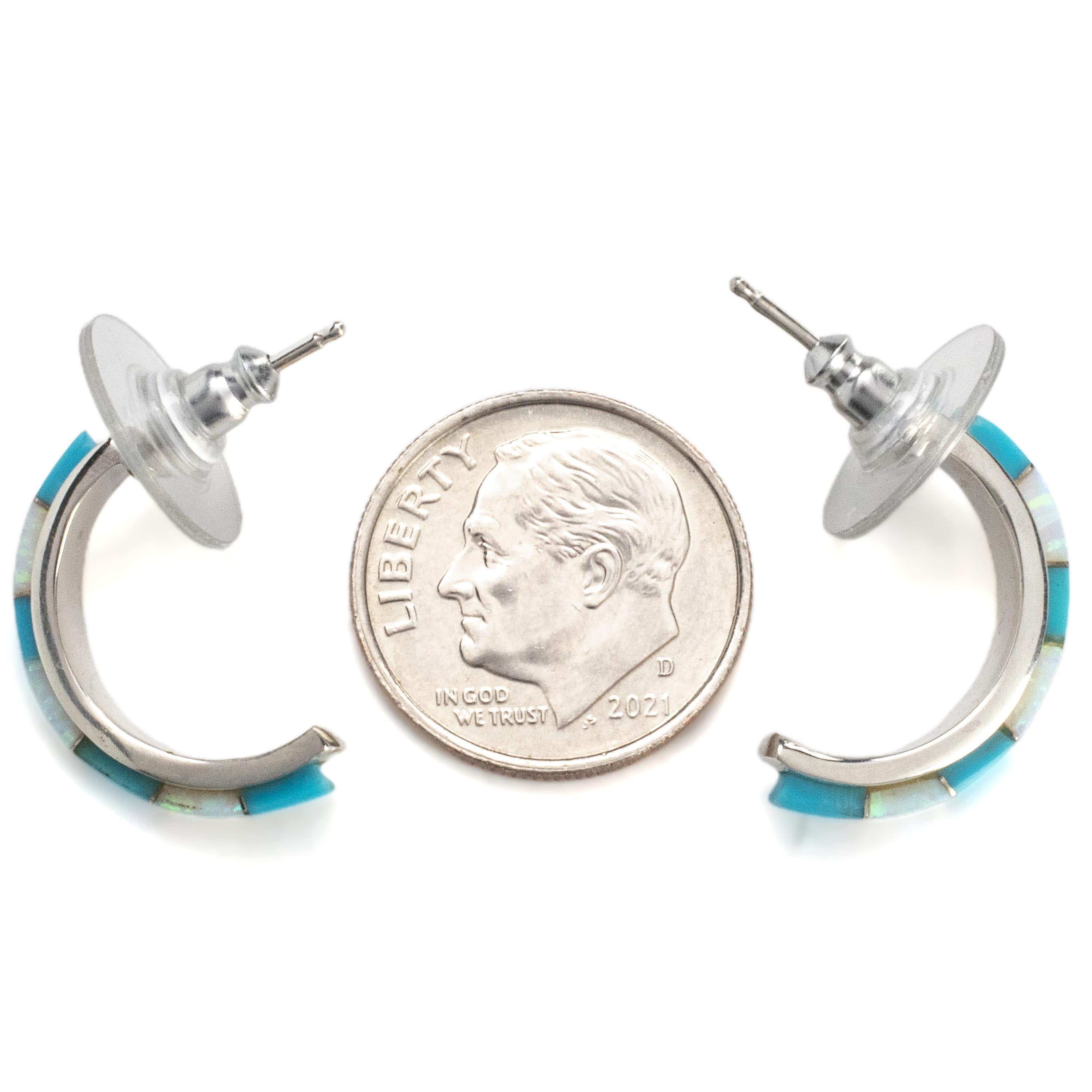 Kalifano Southwest Silver Jewelry Turquoise Semi Hoop Earrings Handmade with Sterling Silver and Opal Accent NME.0612.TQ