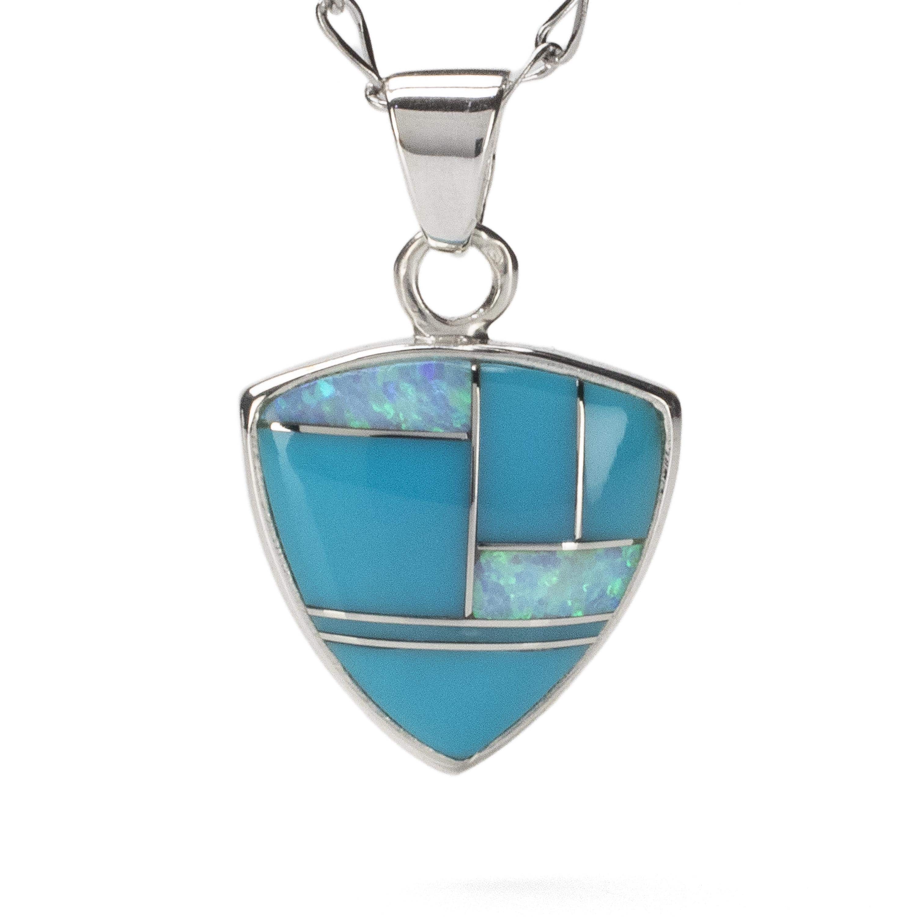 Kalifano Southwest Silver Jewelry Turquoise Shield Handmade with Sterling Silver Pendant and Opal Accent NMN.2242.TQ