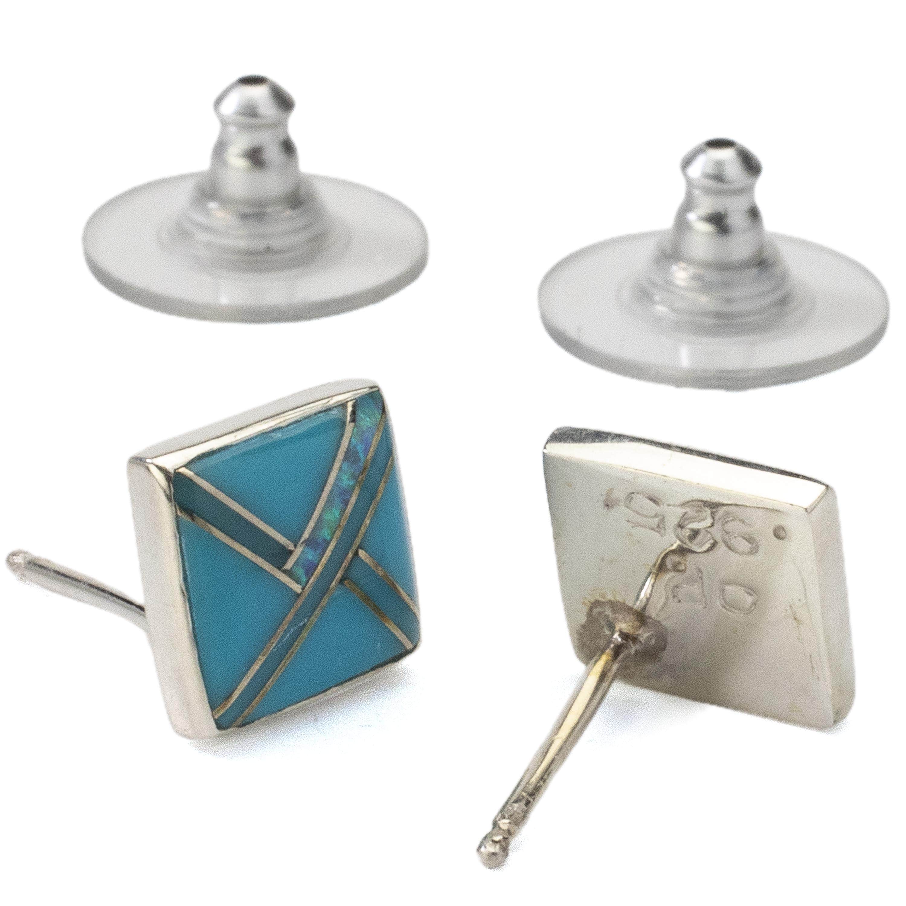 Kalifano Southwest Silver Jewelry Turquoise Square Earrings Handmade with Sterling Silver and Opal Accent NME.2263.TQ