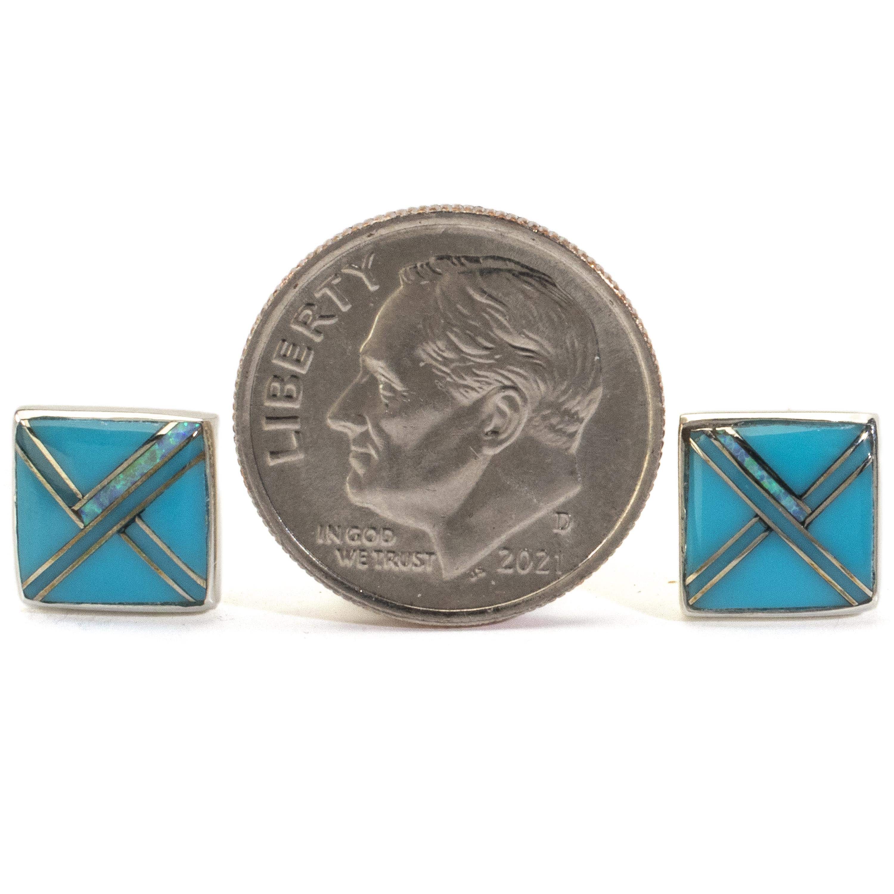 Kalifano Southwest Silver Jewelry Turquoise Square Earrings Handmade with Sterling Silver and Opal Accent NME.2263.TQ