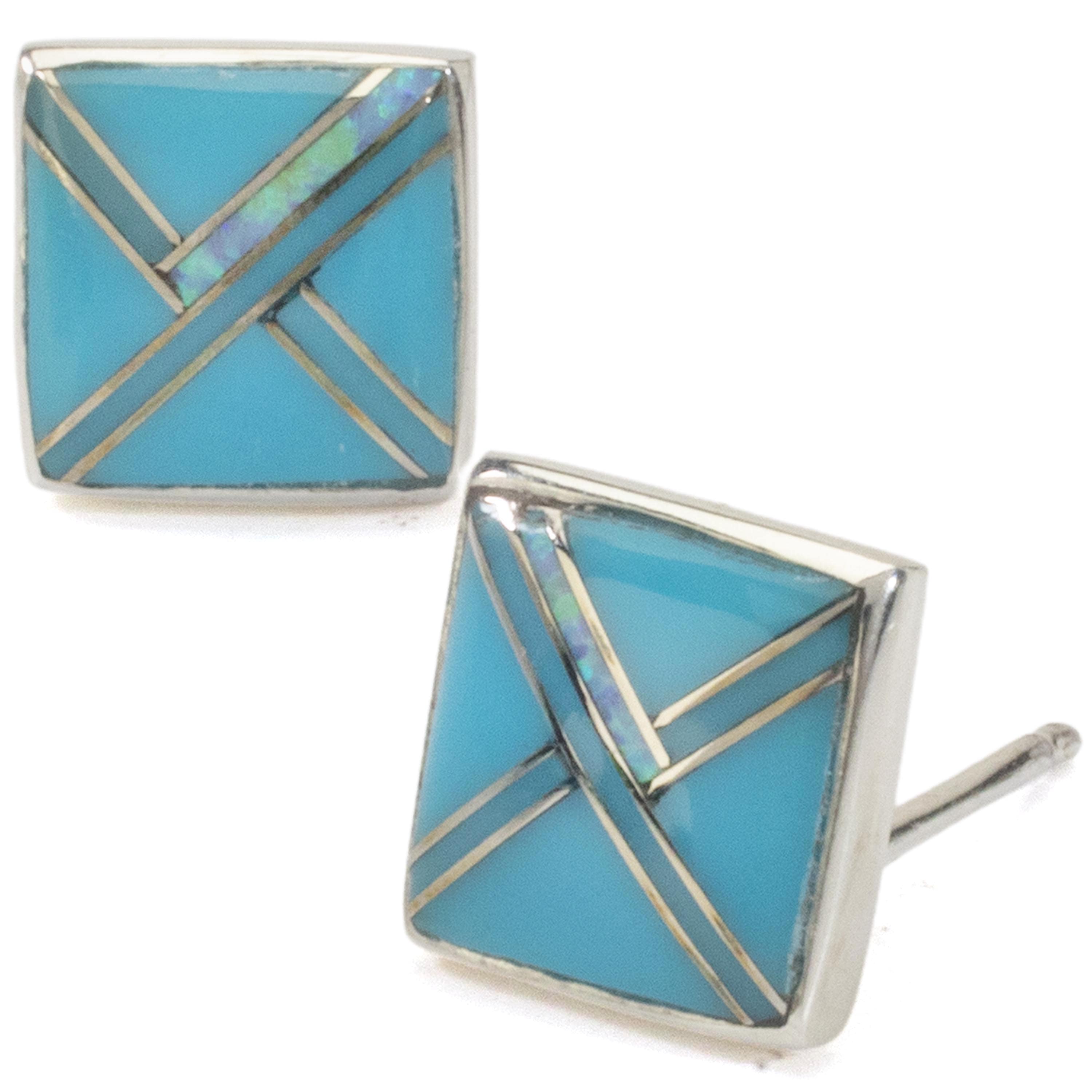Kalifano Southwest Silver Jewelry Turquoise Square Earrings Handmade with Sterling Silver and Opal Accent NME.2263.TQ