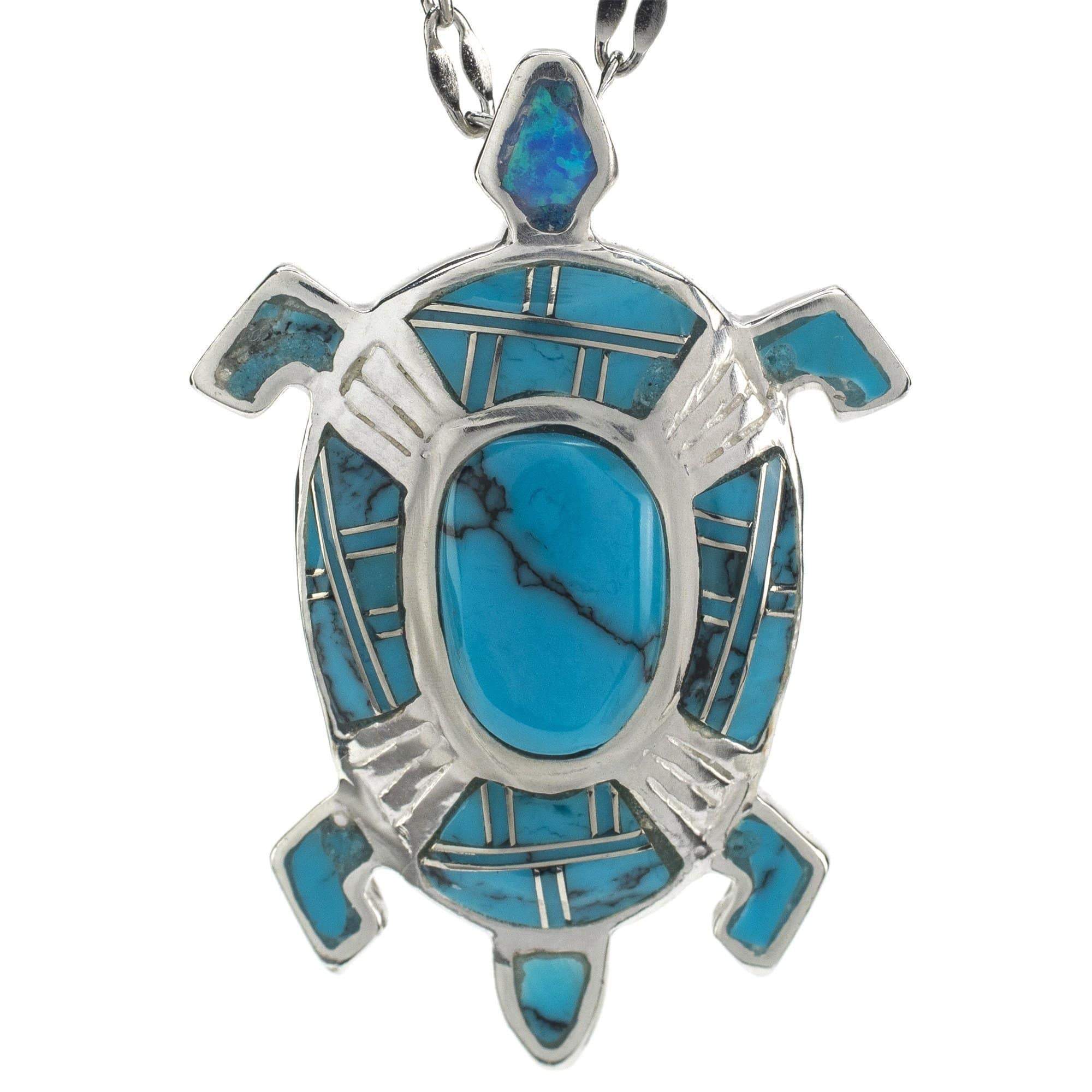Kalifano Southwest Silver Jewelry Turquoise Turtle 925 Sterling Silver Pendant USA Handmade with Opal Accent NMN.0894.TQ