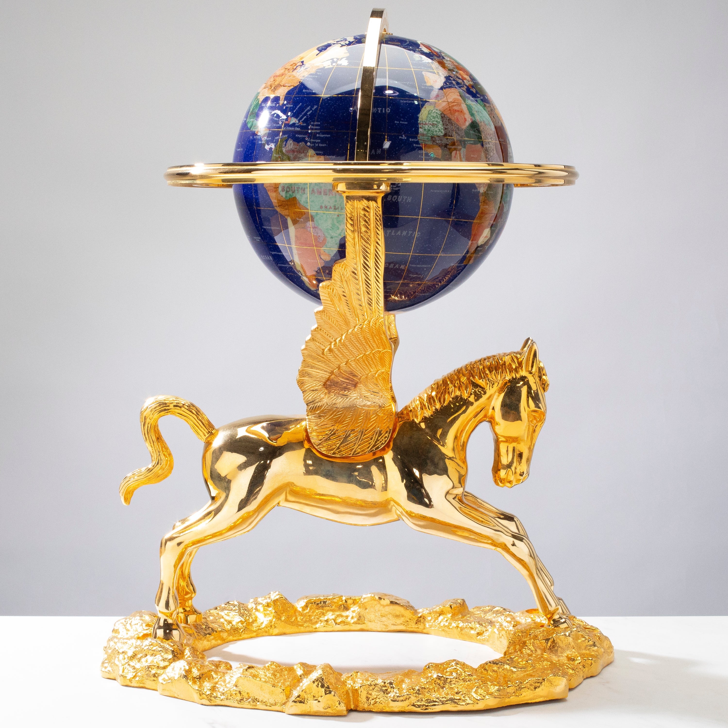 21" Tall Gemstone Globe with 9" Lapis Ocean on 24k Gold Plated Pegasus Stand