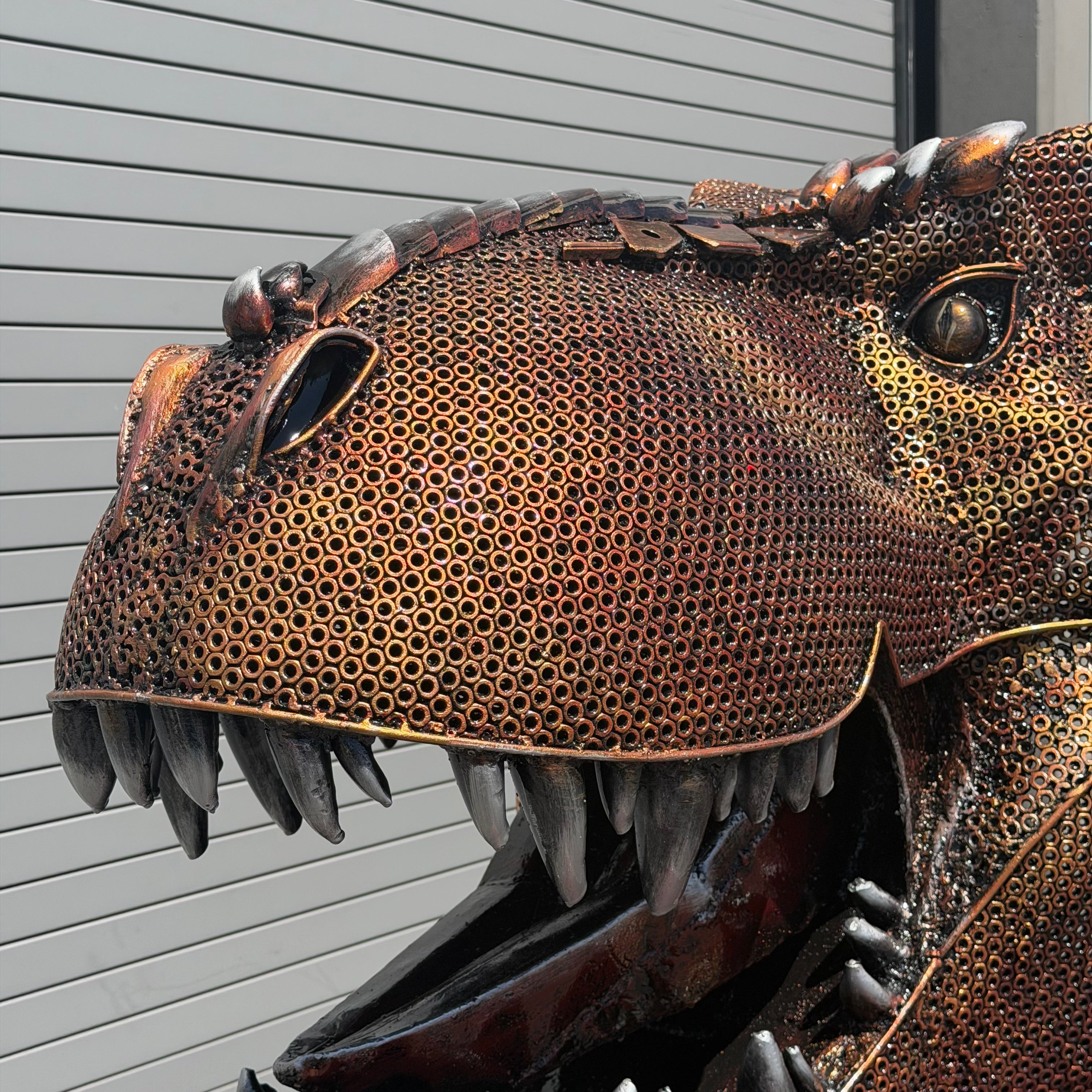 Handcrafted Recycled Metal Tyrannosaurus Rex Head Sculpture