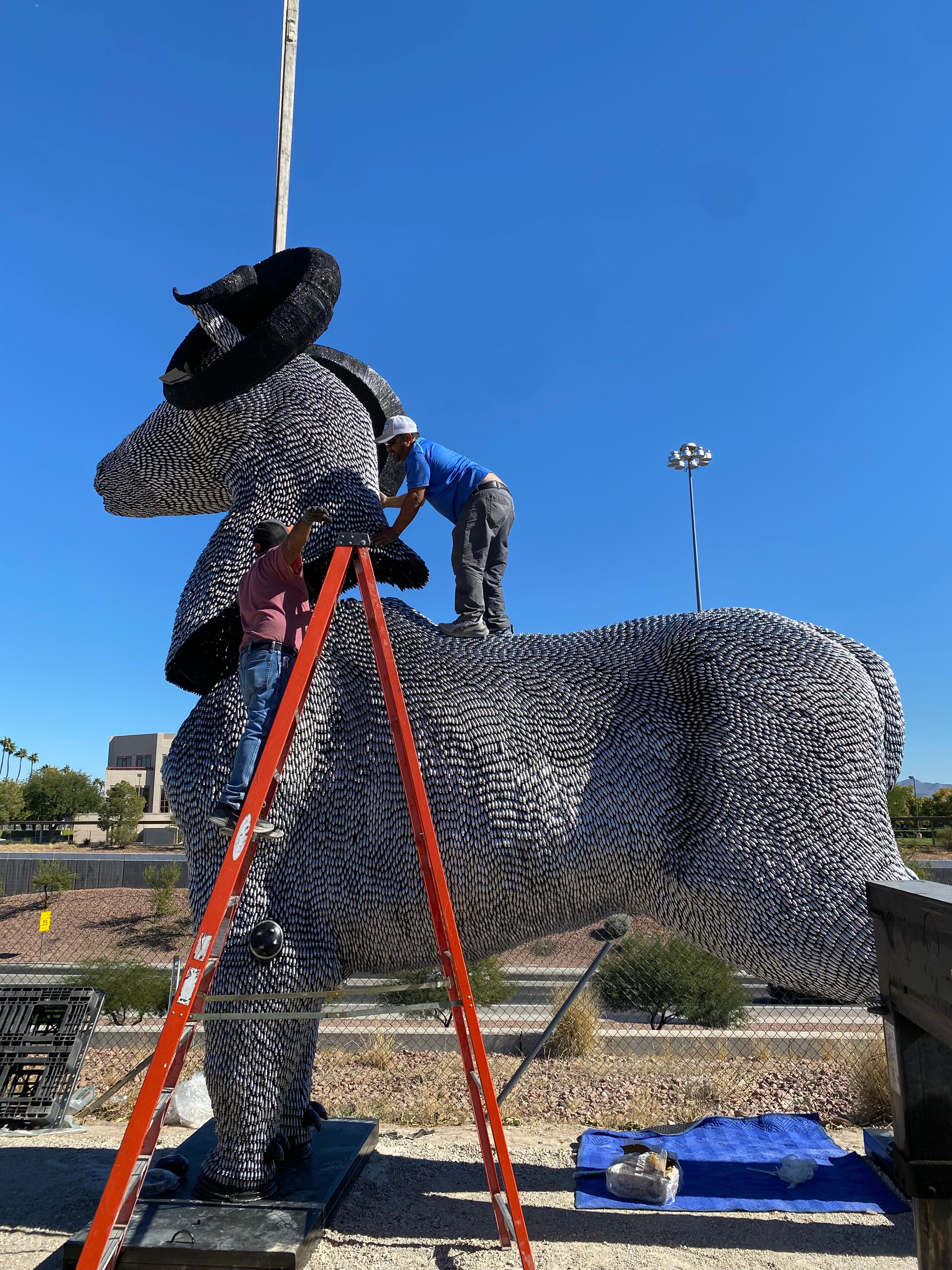 15ft CO2 Canisters and Spark Plugs (80,000+) Big Horn Sheep Recycled Metal Sculpture