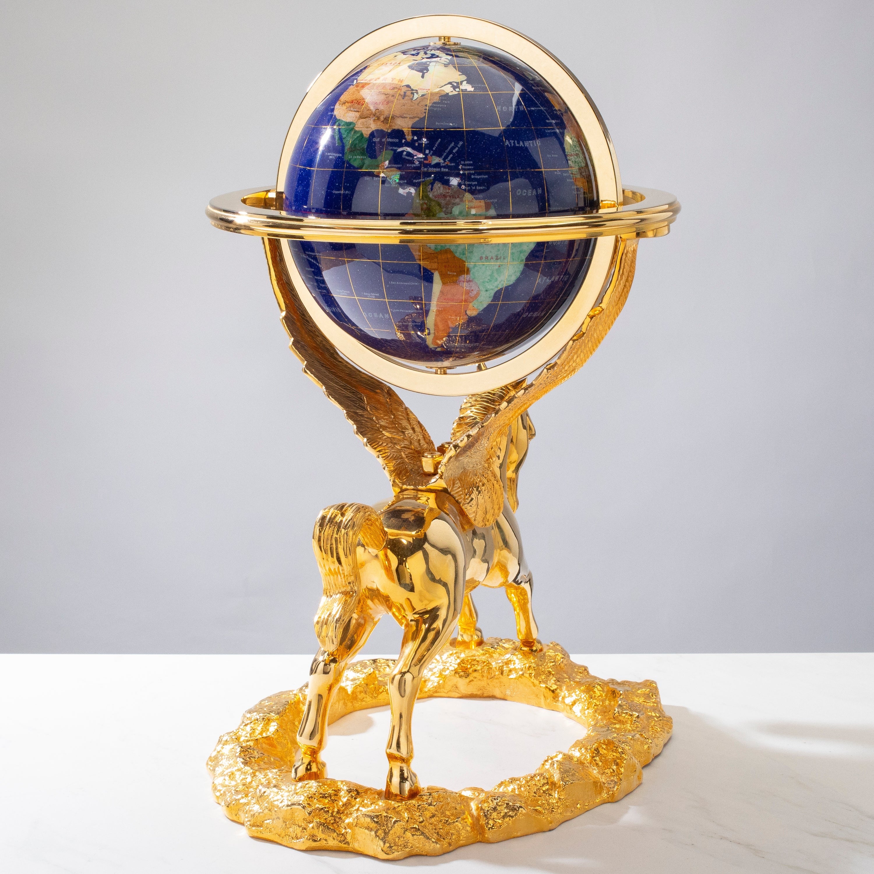 21" Tall Gemstone Globe with 9" Lapis Ocean on 24k Gold Plated Pegasus Stand