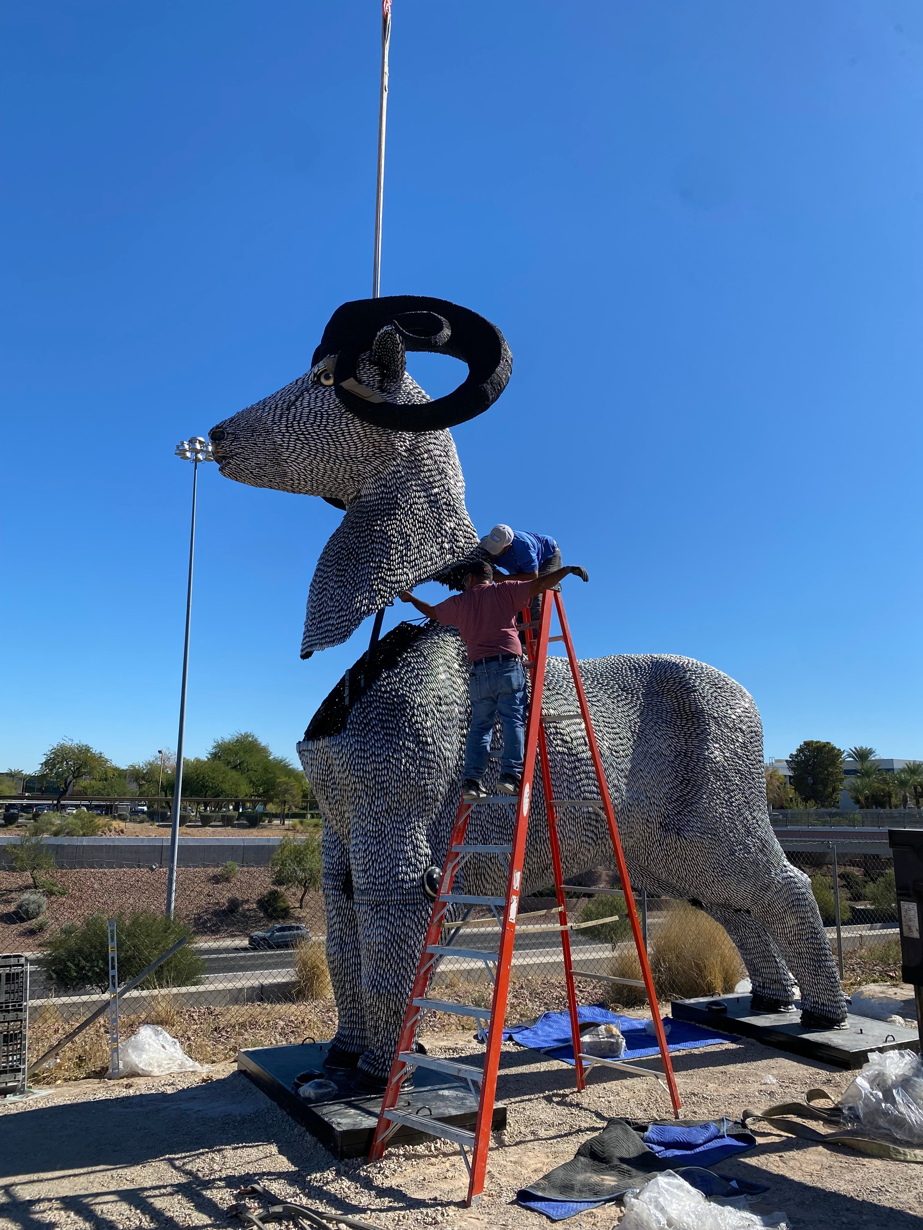 15ft CO2 Canisters and Spark Plugs (80,000+) Big Horn Sheep Recycled Metal Sculpture