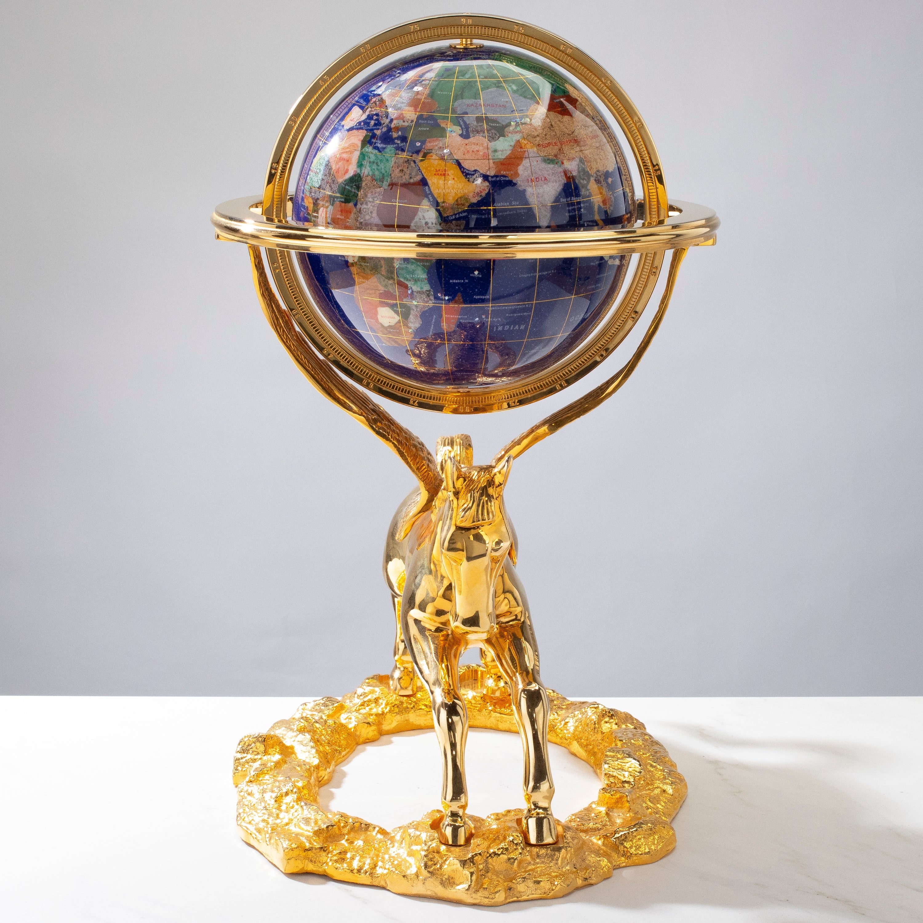 21" Tall Gemstone Globe with 9" Lapis Ocean on 24k Gold Plated Pegasus Stand