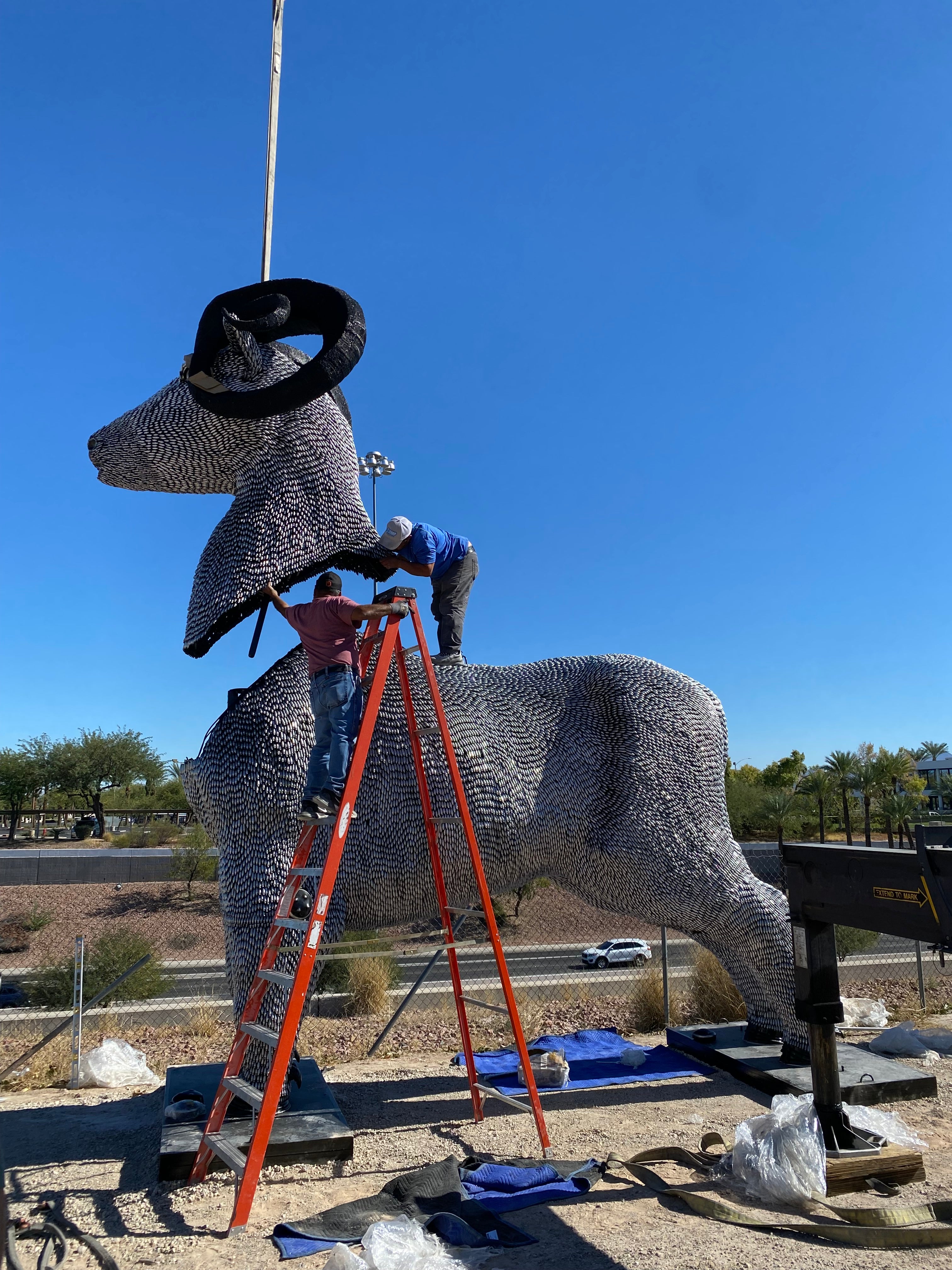 15ft CO2 Canisters and Spark Plugs (80,000+) Big Horn Sheep Recycled Metal Sculpture