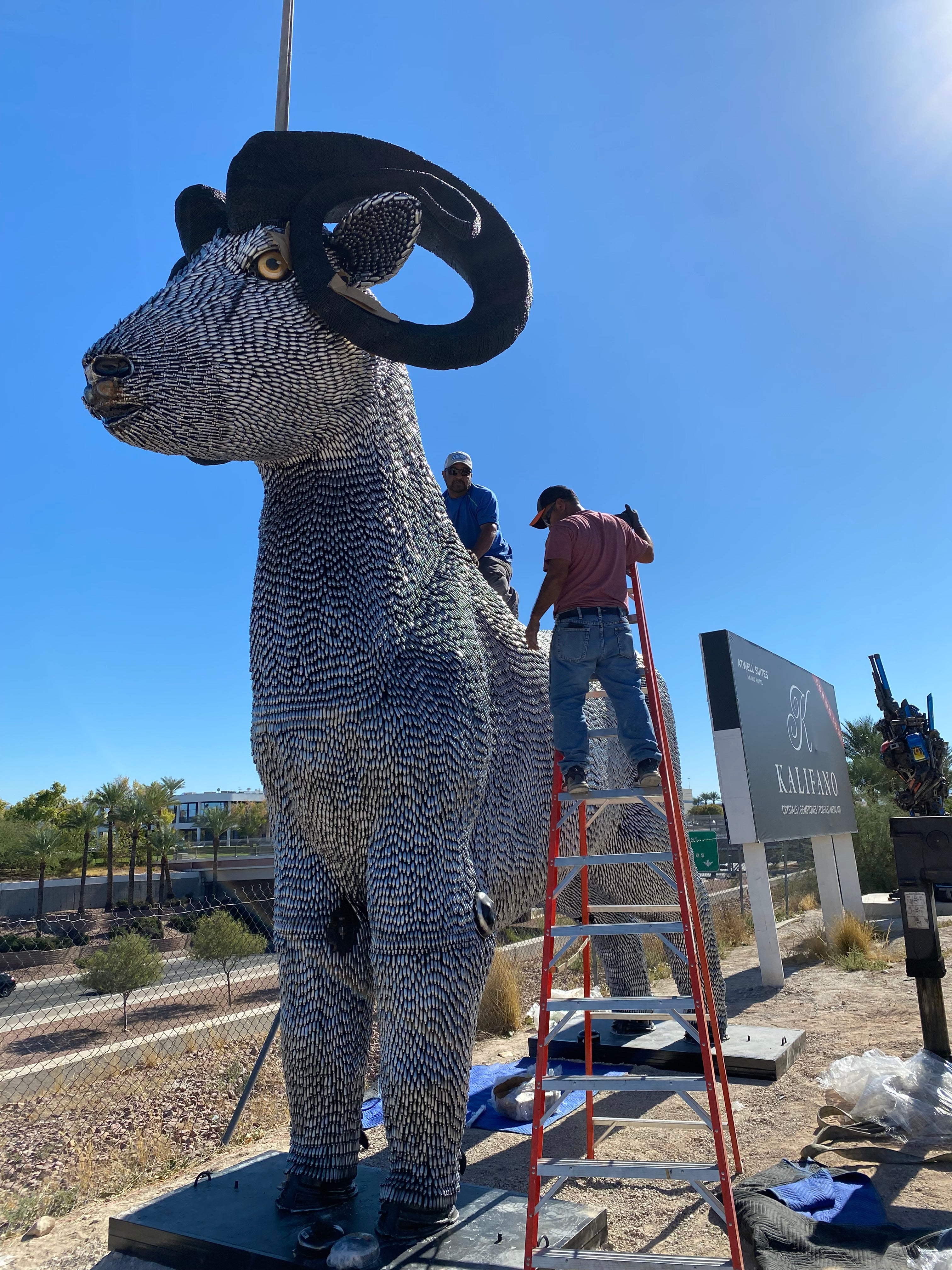 15ft CO2 Canisters and Spark Plugs (80,000+) Big Horn Sheep Recycled Metal Sculpture