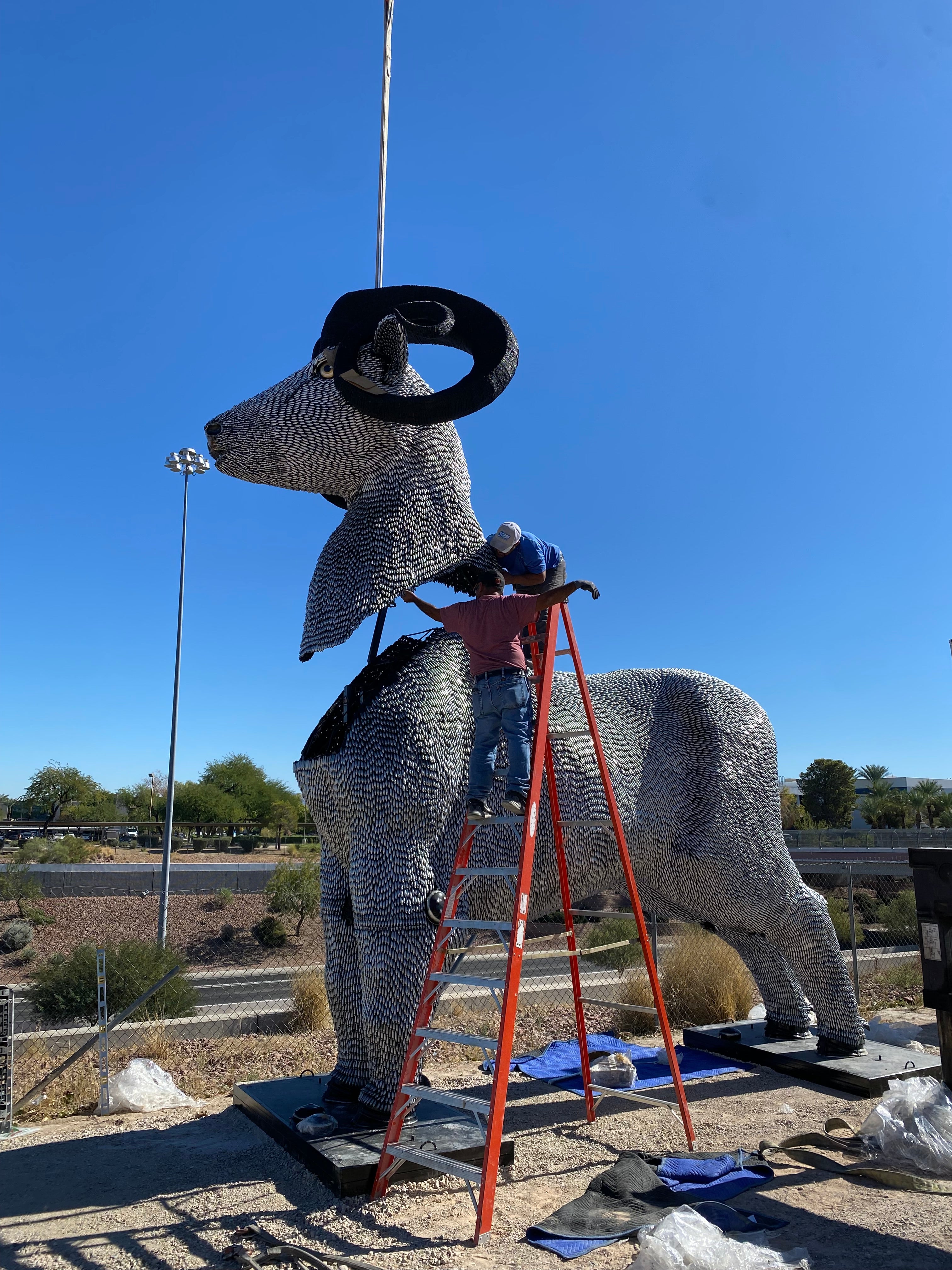 15ft CO2 Canisters and Spark Plugs (80,000+) Big Horn Sheep Recycled Metal Sculpture