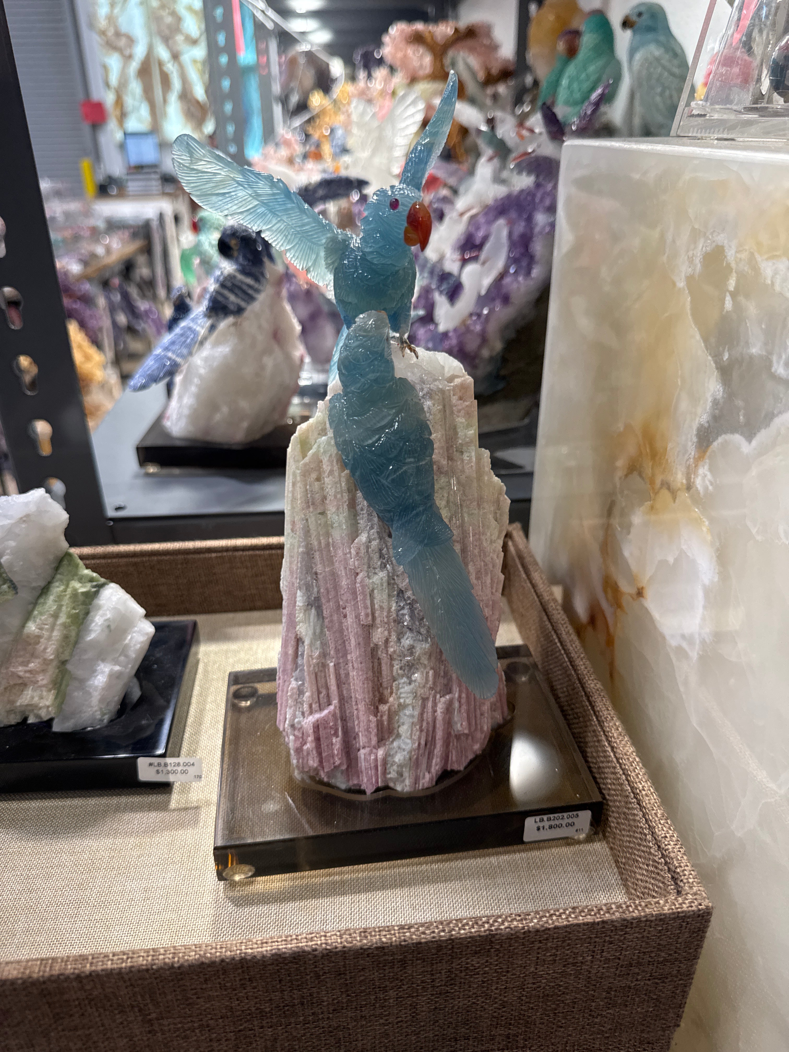 Peter Muller Fluorite Macaw Couple Carving on Tourmaline Base