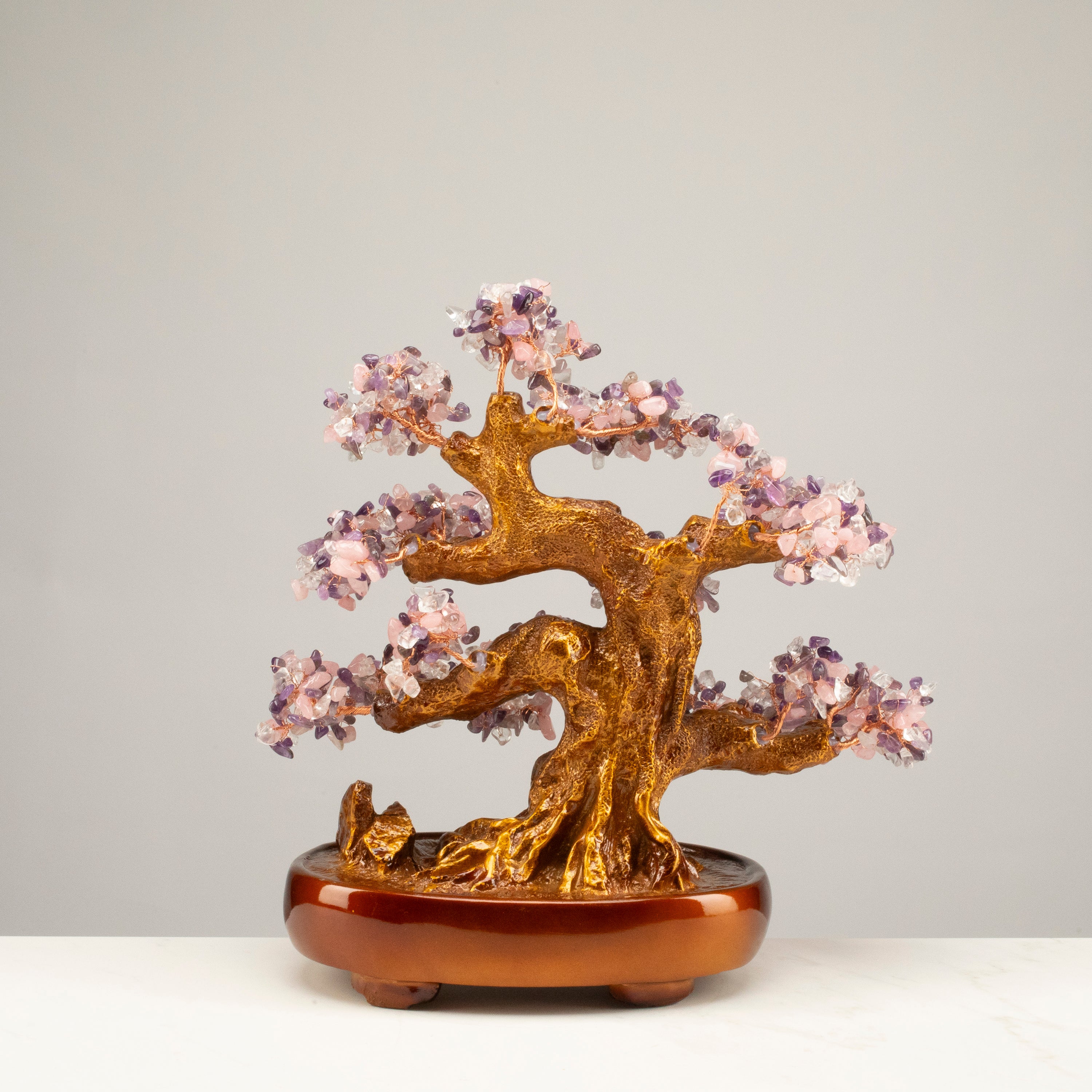 Amethyst, Rose Quartz, and Quartz Bonsai Tree of Life with 1,251 Natural Gemstones