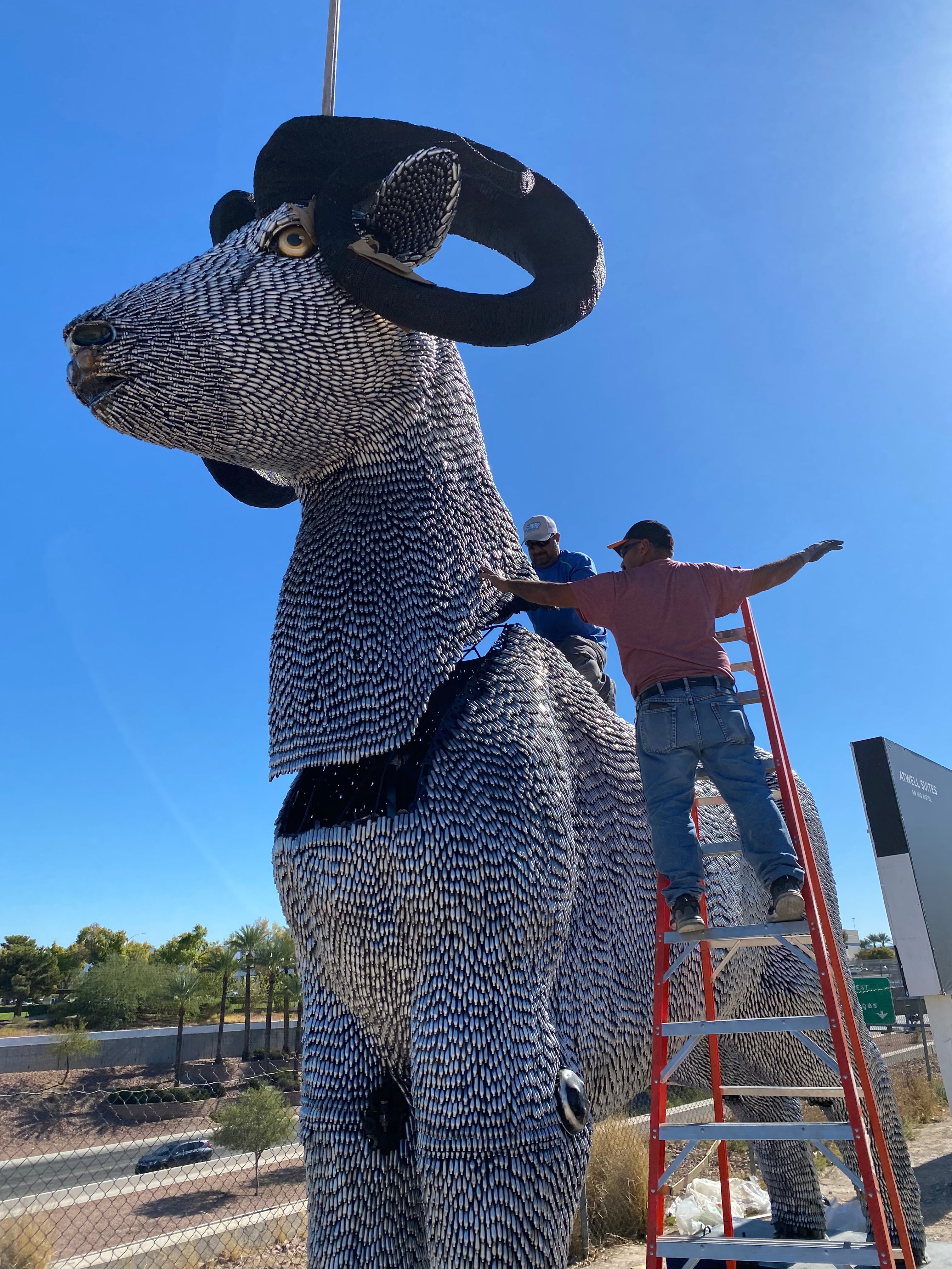 15ft CO2 Canisters and Spark Plugs (80,000+) Big Horn Sheep Recycled Metal Sculpture